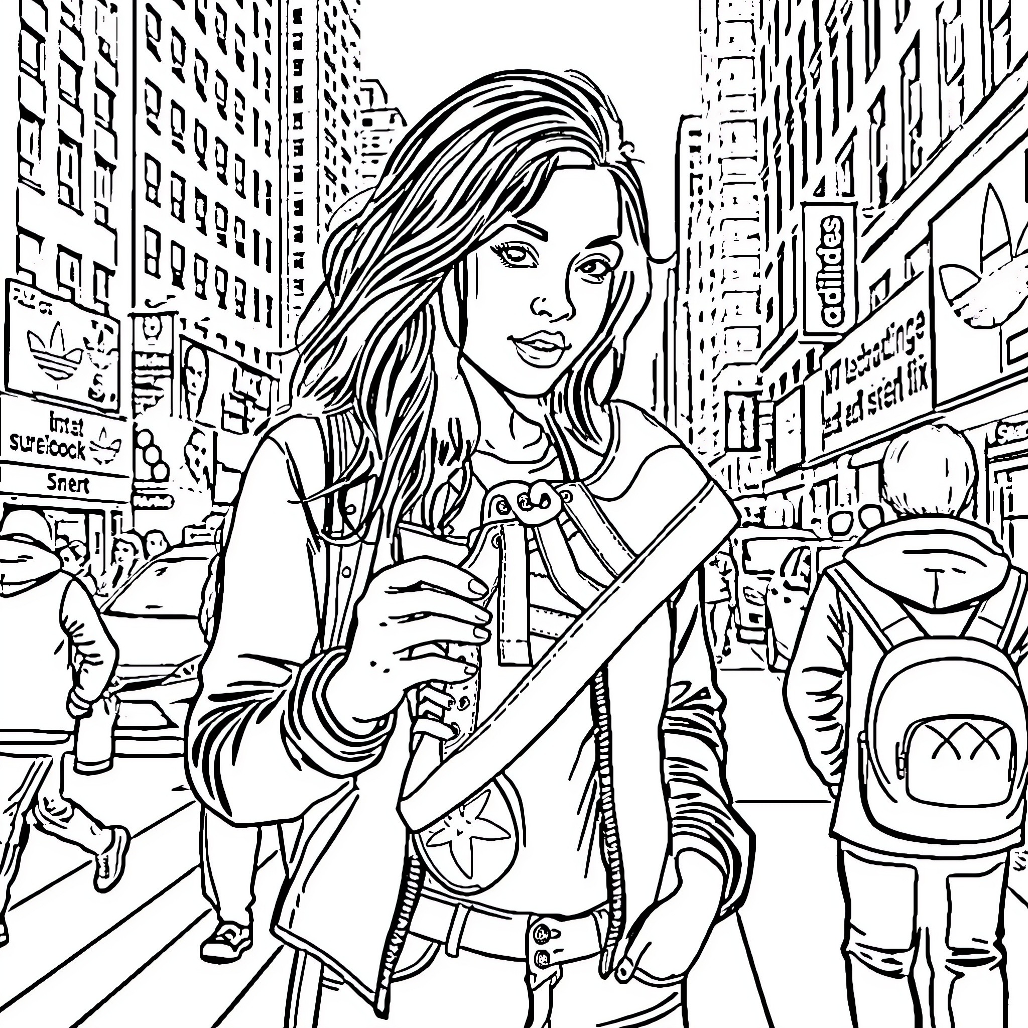 Female enjoying city life on the street Coloring Page (free black-and-white line drawing printable PDF for all, from beginners to advanced learners, including children, teens, adults, and seniors)