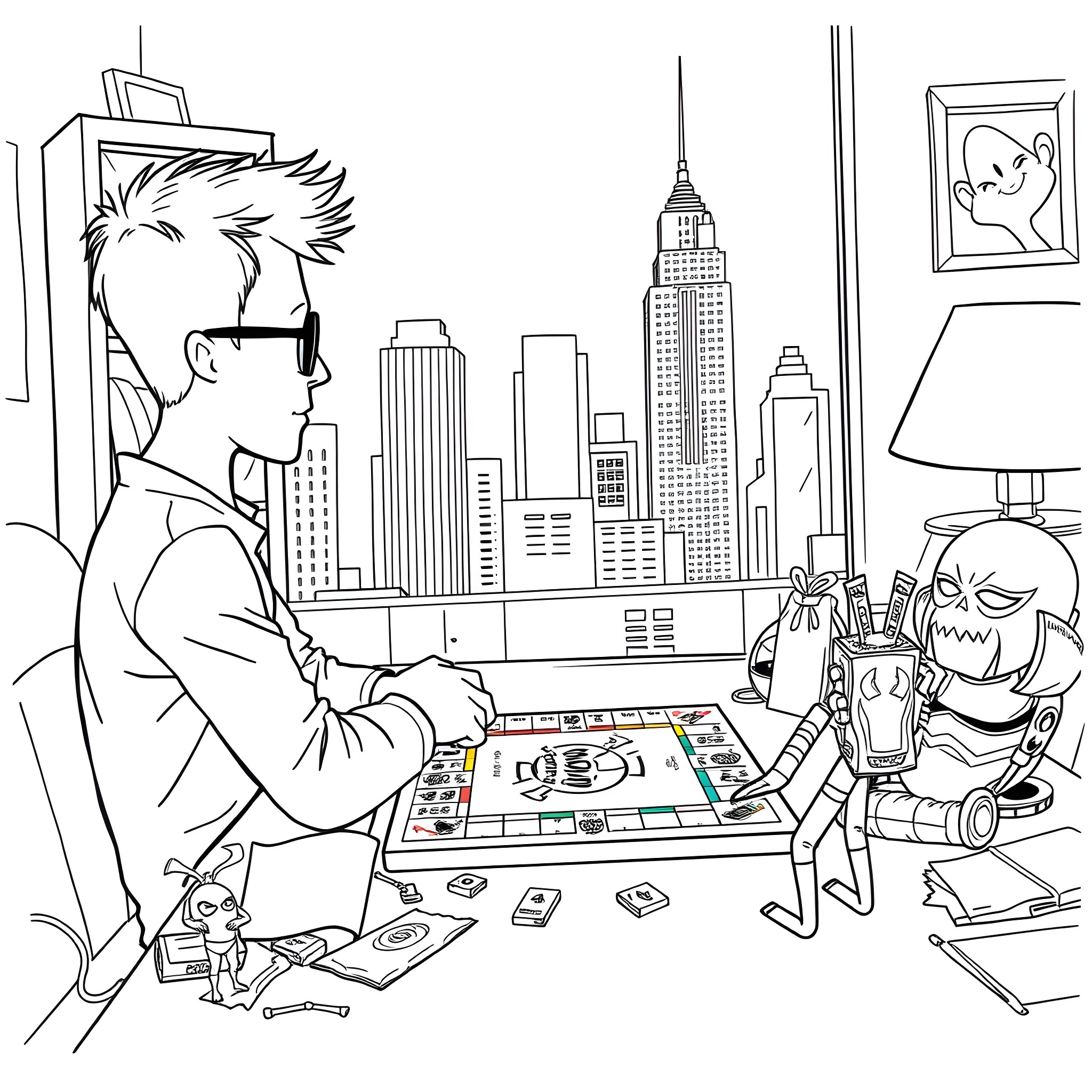Peter Parker's Art Studio with Cityscape Coloring Page (free black-and-white line drawing printable PDF for all, from beginners to advanced learners, including children, teens, adults, and seniors)