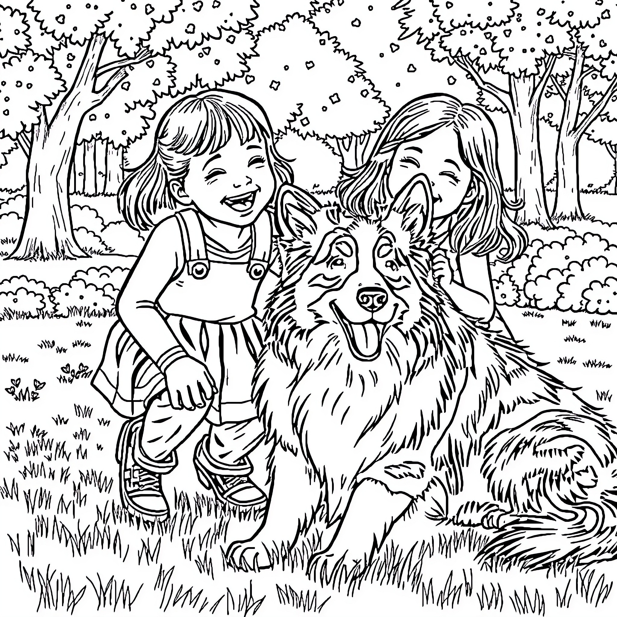 Girl playing joyfully with her big dog in the woods Coloring Page (free black-and-white line drawing printable PDF for all, from beginners to advanced learners, including children, teens, adults, and seniors)