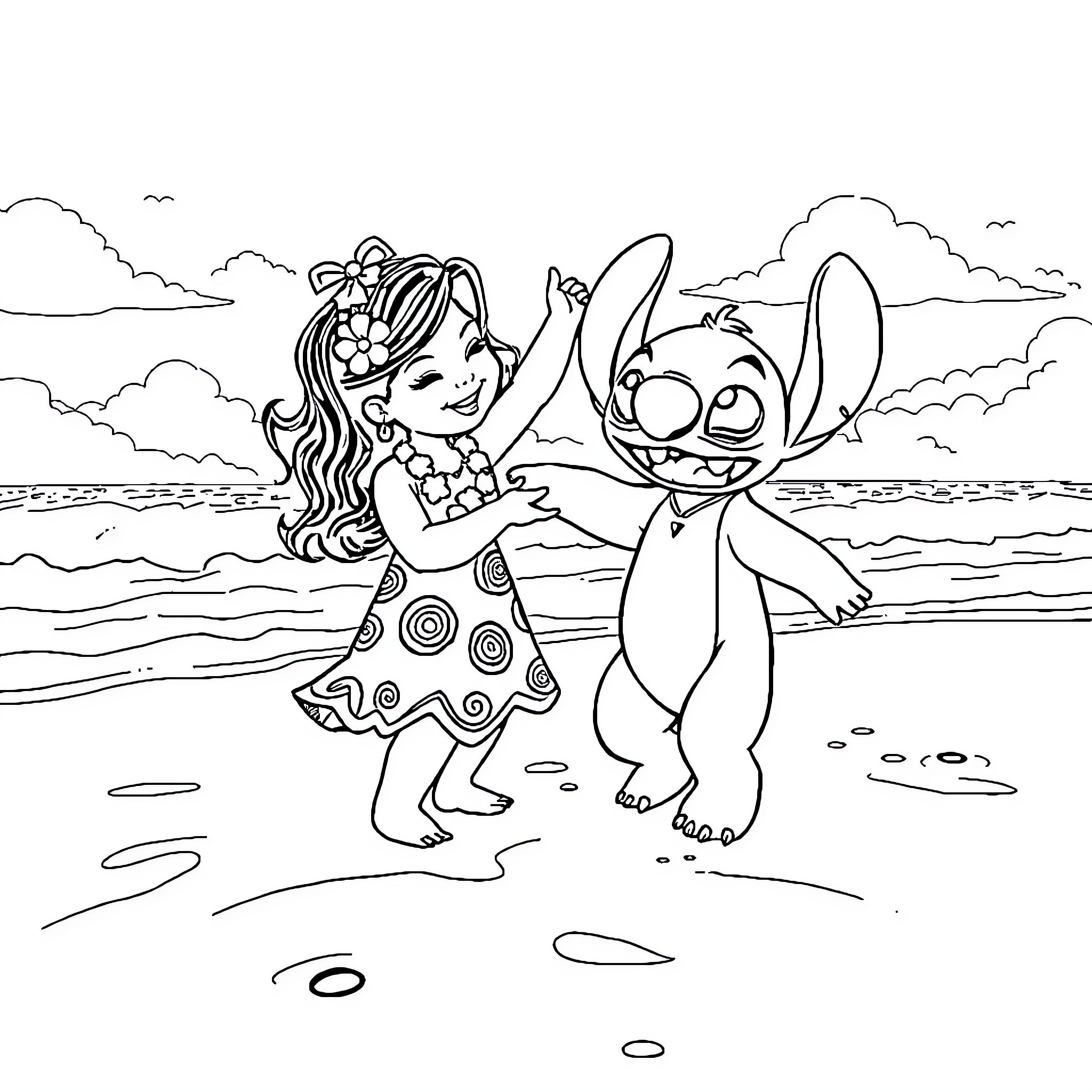 Lilo and Stitch playing joyfully on the beach Coloring Page (free black-and-white line drawing printable PDF for all, from beginners to advanced learners, including children, teens, adults, and seniors)