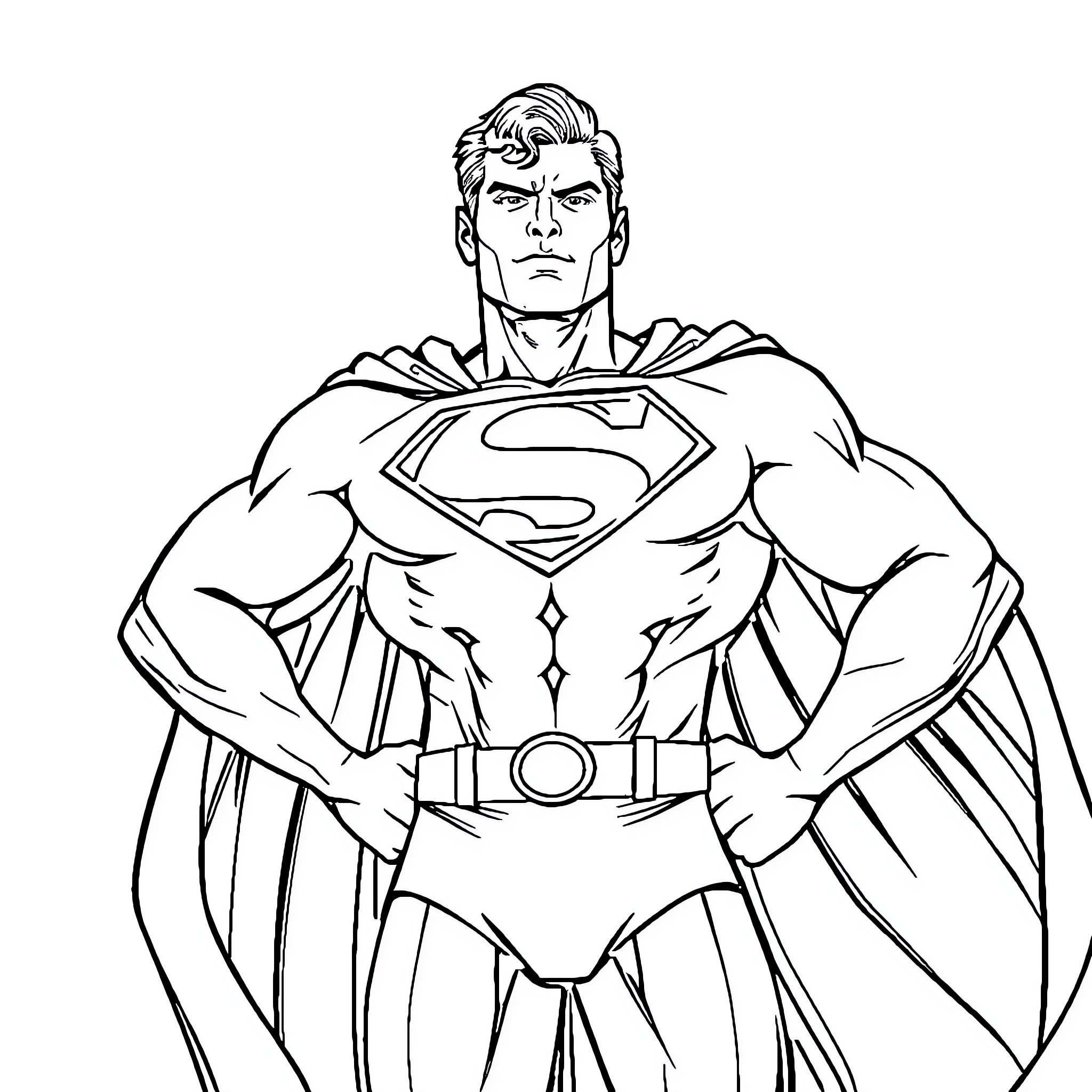 Superman's Heroic Stance with Iconic Outfit Coloring Page (free black-and-white line drawing printable PDF for all, from beginners to advanced learners, including children, teens, adults, and seniors)
