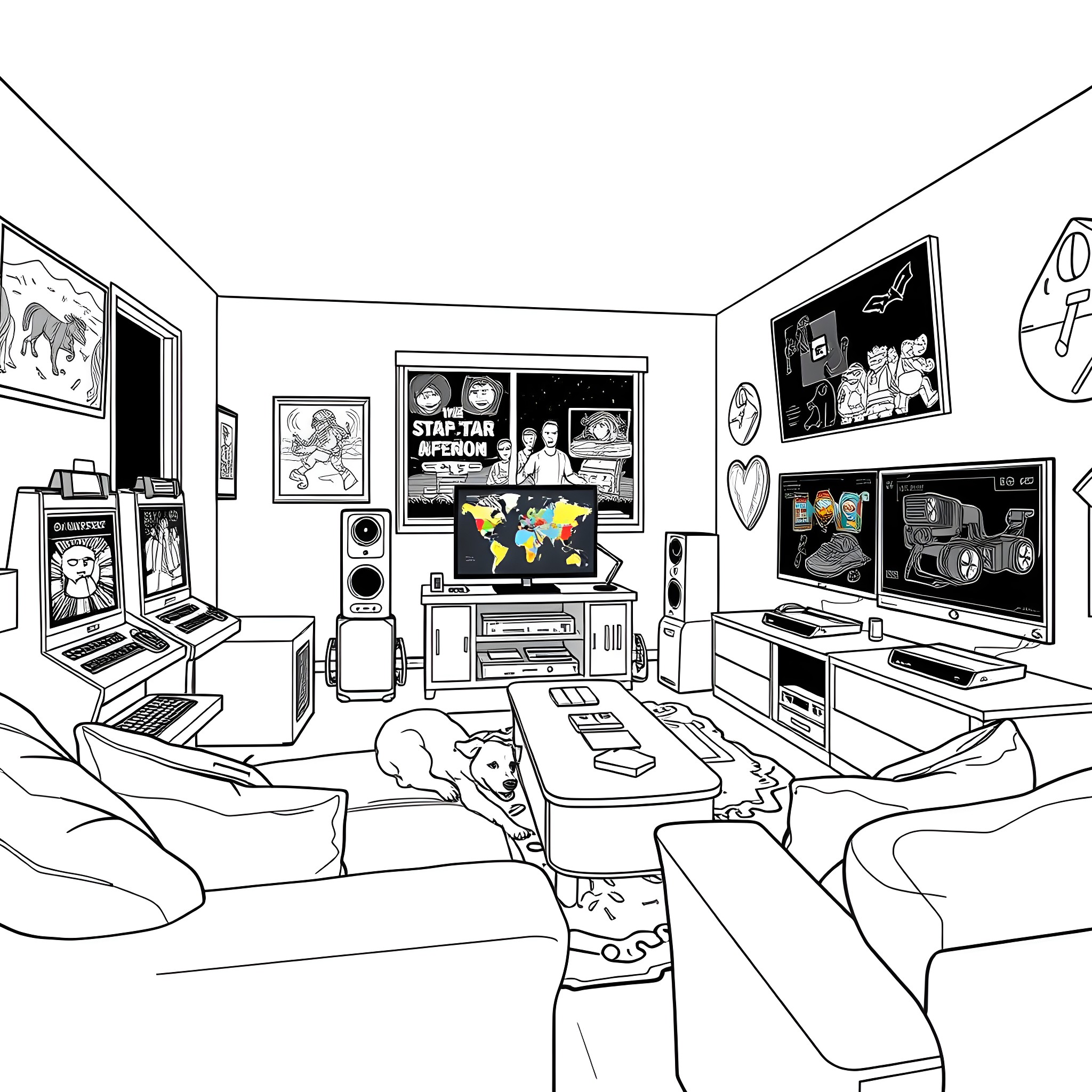 Dog relaxing in gamer's room with game consoles and posters Coloring Page (free black-and-white line drawing printable PDF for all, from beginners to advanced learners, including children, teens, adults, and seniors)