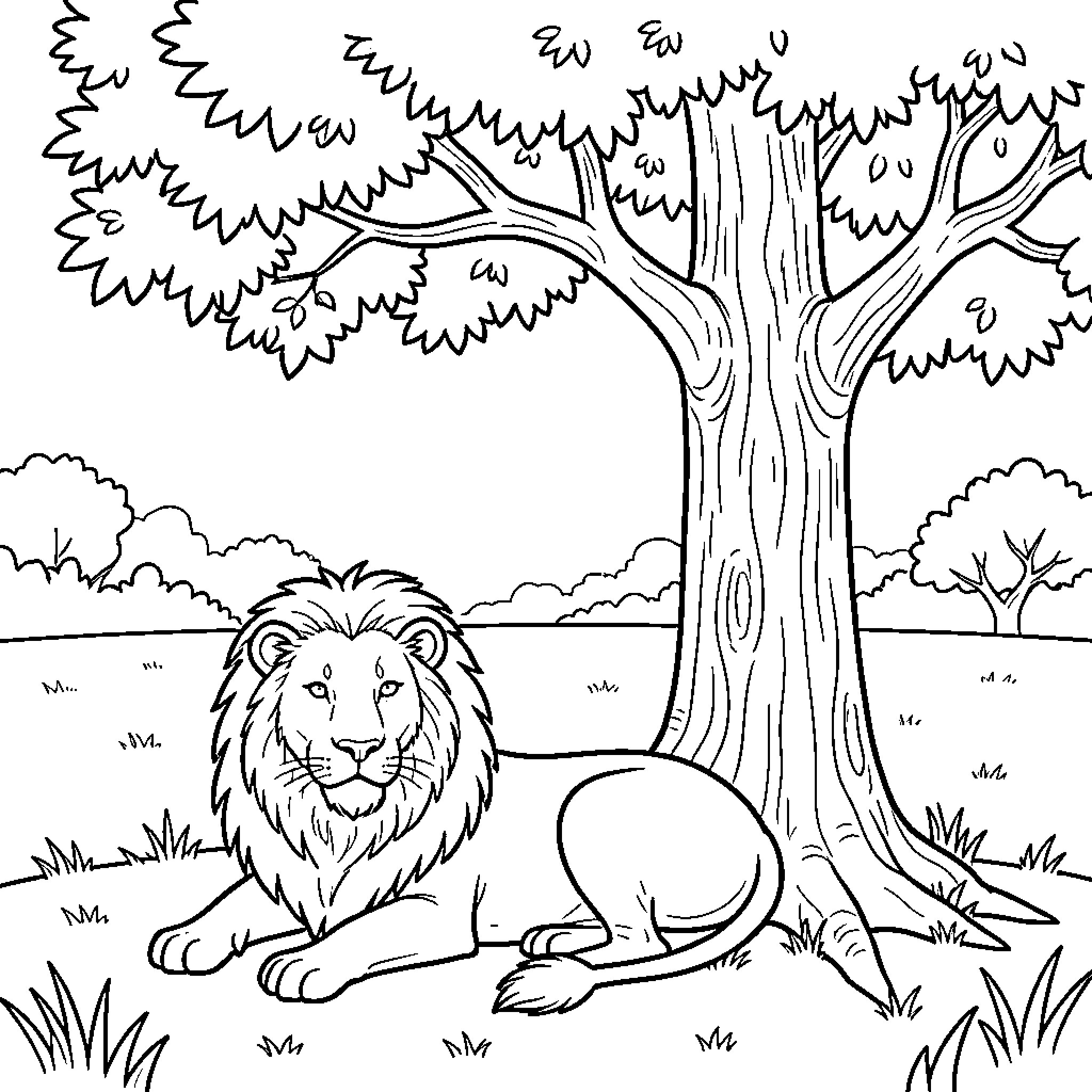 Lion resting under a large tree Coloring Page (free black-and-white line drawing printable PDF for all, from beginners to advanced learners, including children, teens, adults, and seniors)
