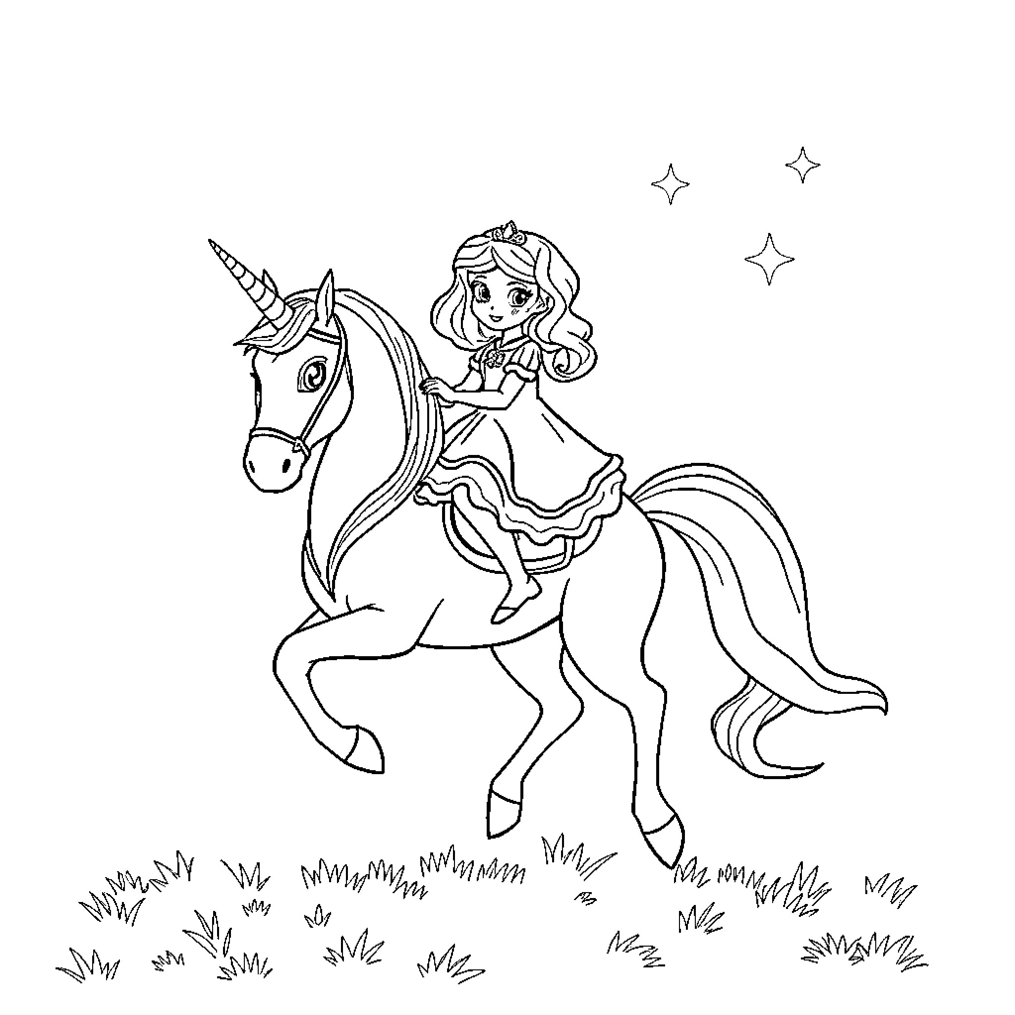 Unicorn Princess Riding Magical Steed Through Enchanted Forest Coloring Page (free black-and-white line drawing printable PDF for all, from beginners to advanced learners, including children, teens, adults, and seniors)