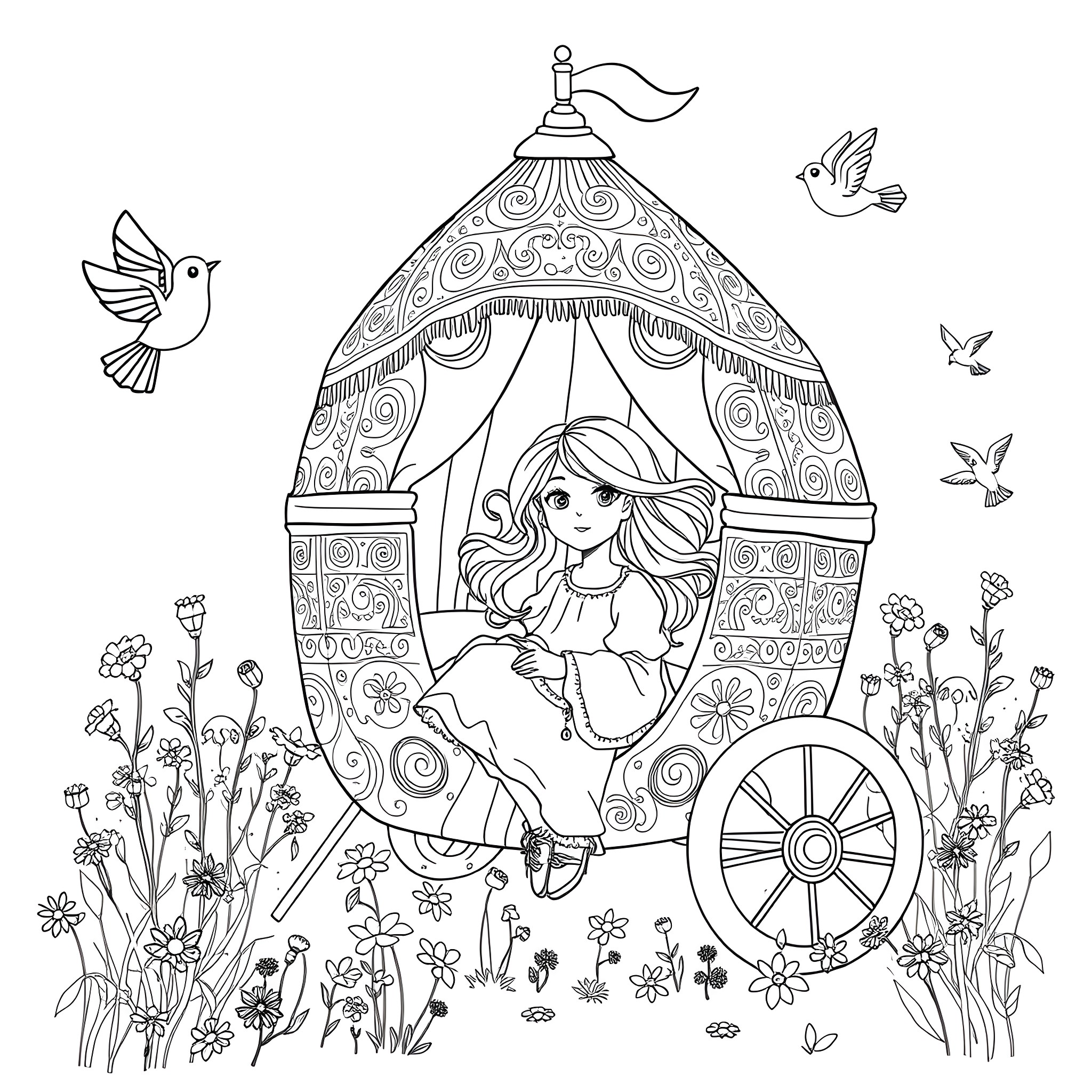 Girl in a decorative tent with birds and flowers Coloring Page (free black-and-white line drawing printable PDF for all, from beginners to advanced learners, including children, teens, adults, and seniors)