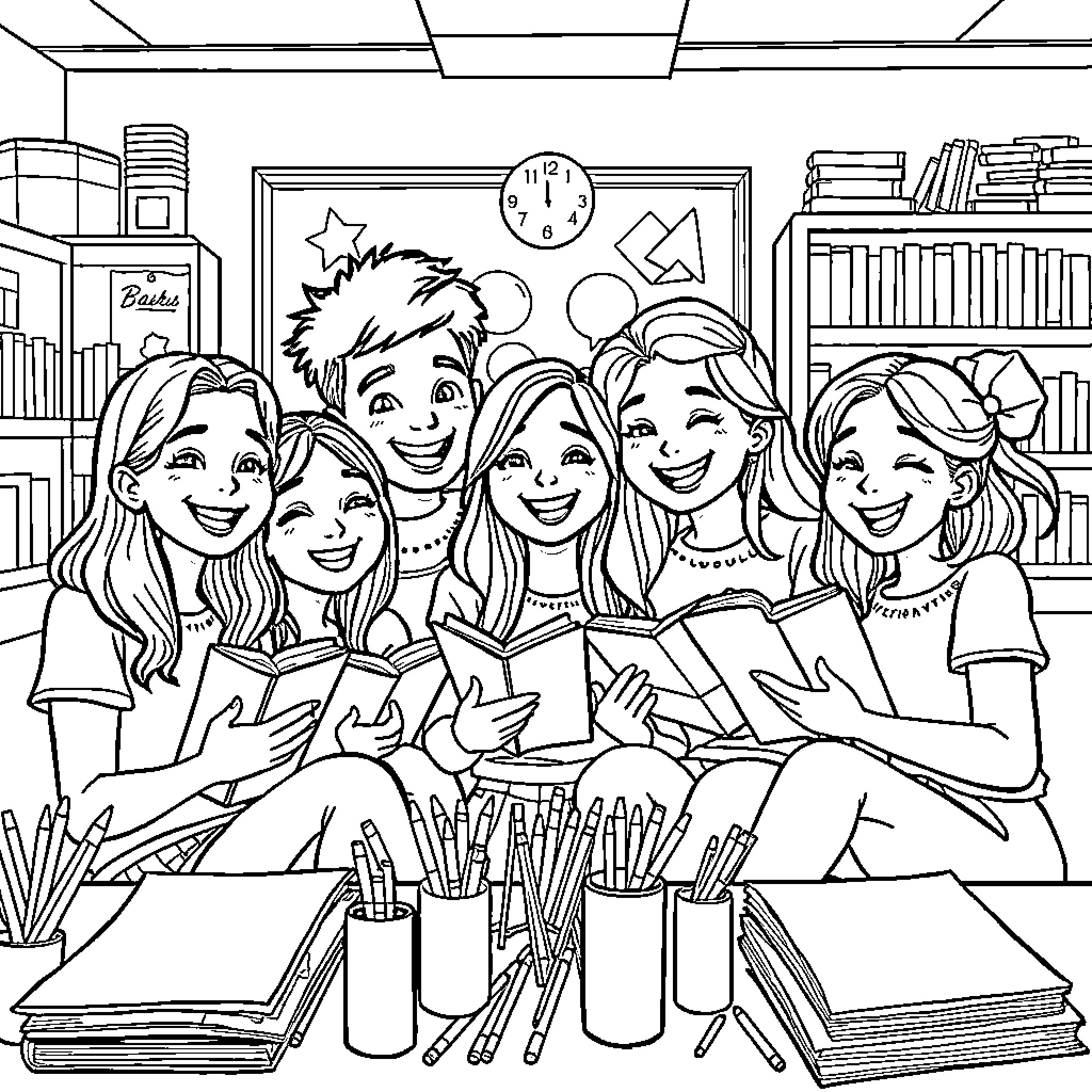 BT21 characters studying together in cozy library Coloring Page (free black-and-white line drawing printable PDF for all, from beginners to advanced learners, including children, teens, adults, and seniors)