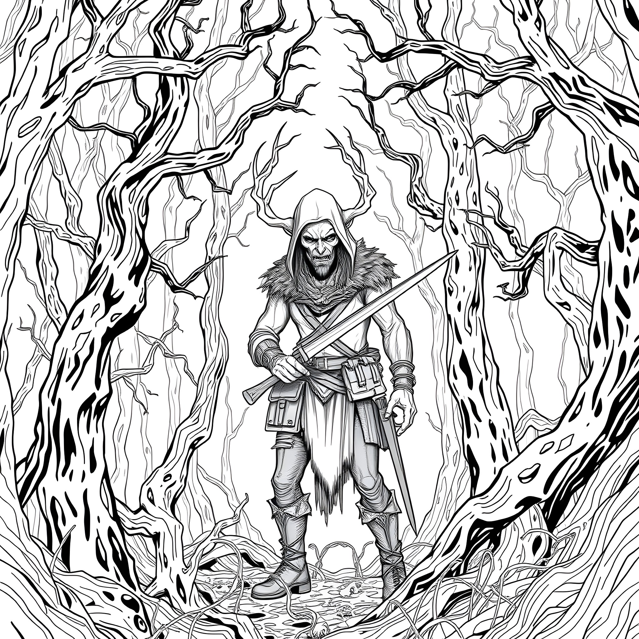Hunter Braving the Mysterious Forest Coloring Page (free black-and-white line drawing printable PDF for all, from beginners to advanced learners, including children, teens, adults, and seniors)