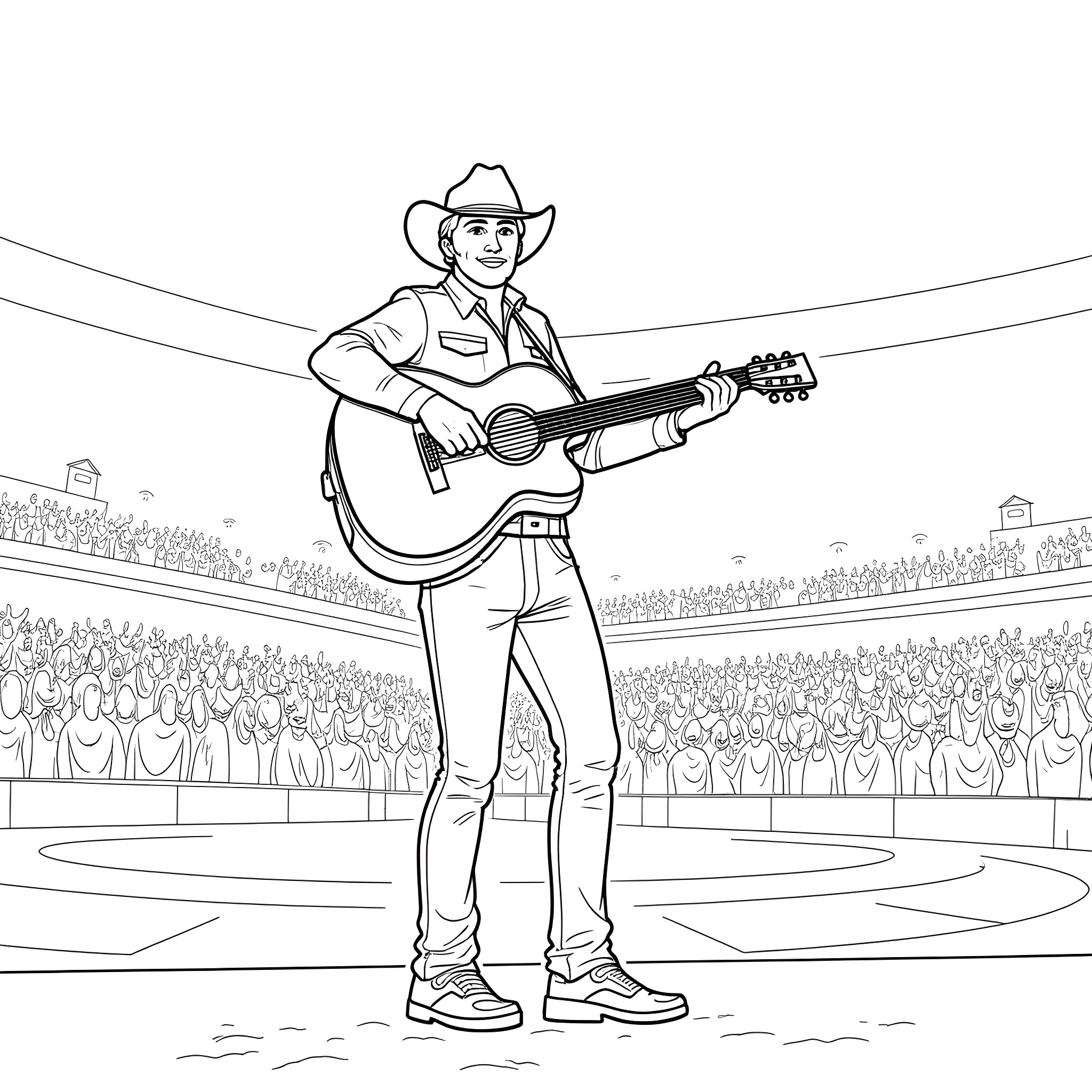 Kent McAlister performing on stage with guitar Coloring Page (free black-and-white line drawing printable PDF for all, from beginners to advanced learners, including children, teens, adults, and seniors)