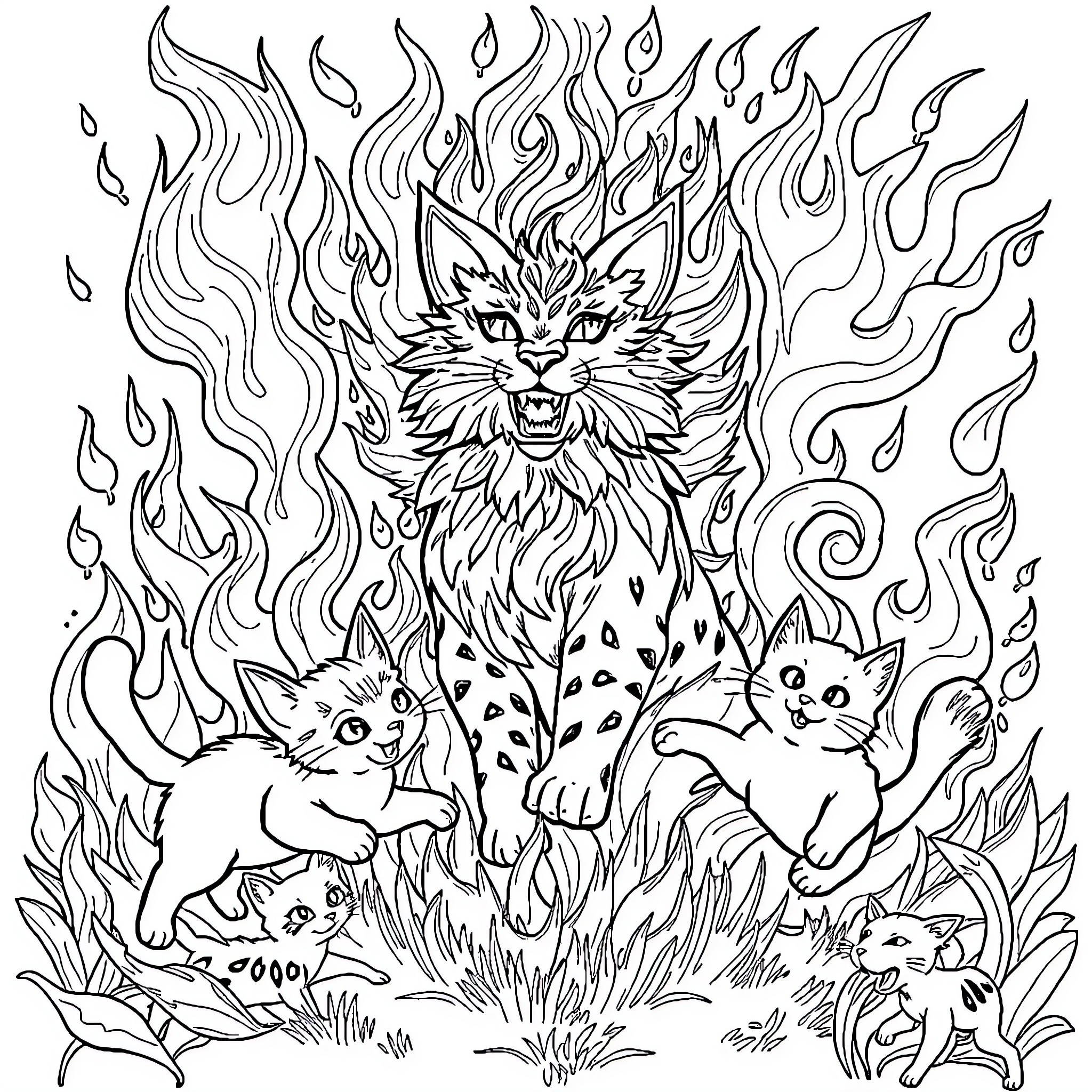 Flork cats amidst fiery flames and foliage Coloring Page (free black-and-white line drawing printable PDF for all, from beginners to advanced learners, including children, teens, adults, and seniors)