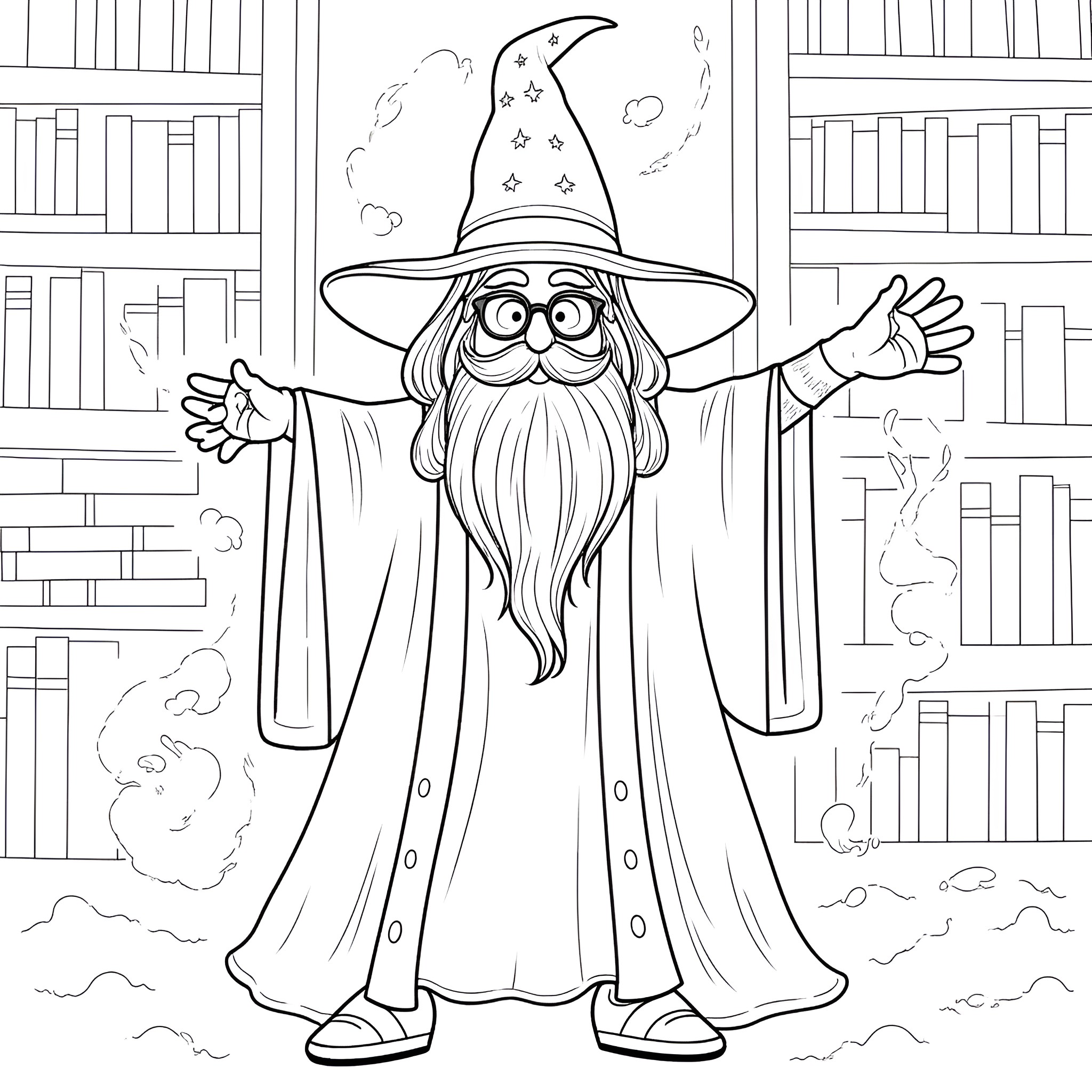 Wizard casting a spell in a magical library Coloring Page (free black-and-white line drawing printable PDF for all, from beginners to advanced learners, including children, teens, adults, and seniors)