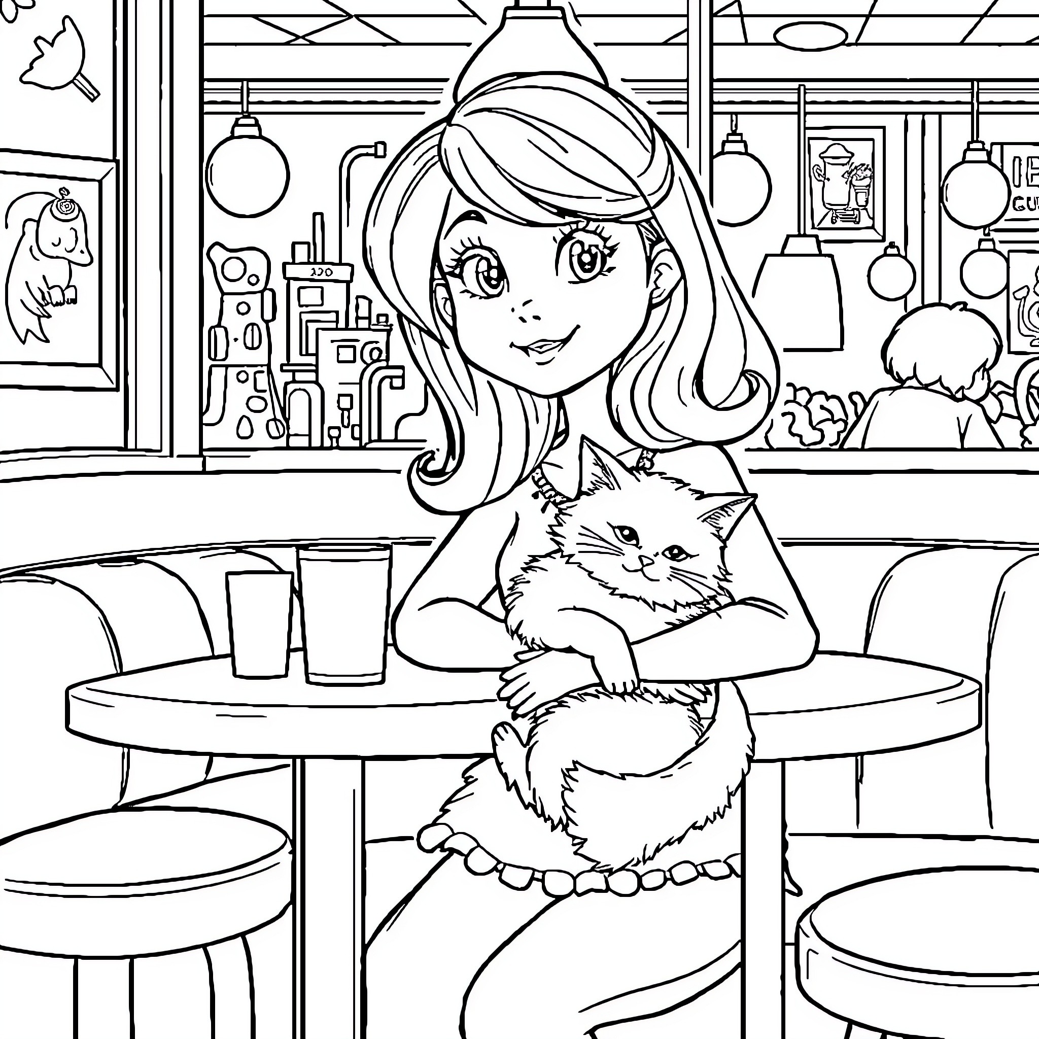 Gabby's Cozy Cafe Kitty Cuddles Coloring Page (free black-and-white line drawing printable PDF for all, from beginners to advanced learners, including children, teens, adults, and seniors)
