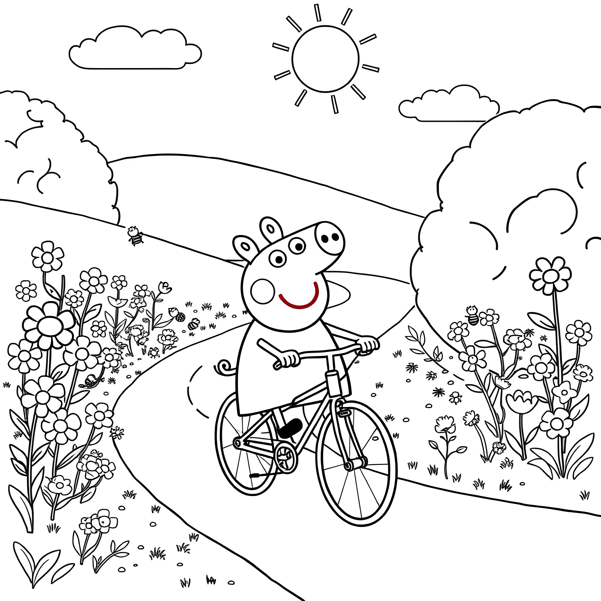 Peppa Pig enjoys a sunny bicycle ride through the countryside Coloring Page (free black-and-white line drawing printable PDF for all, from beginners to advanced learners, including children, teens, adults, and seniors)