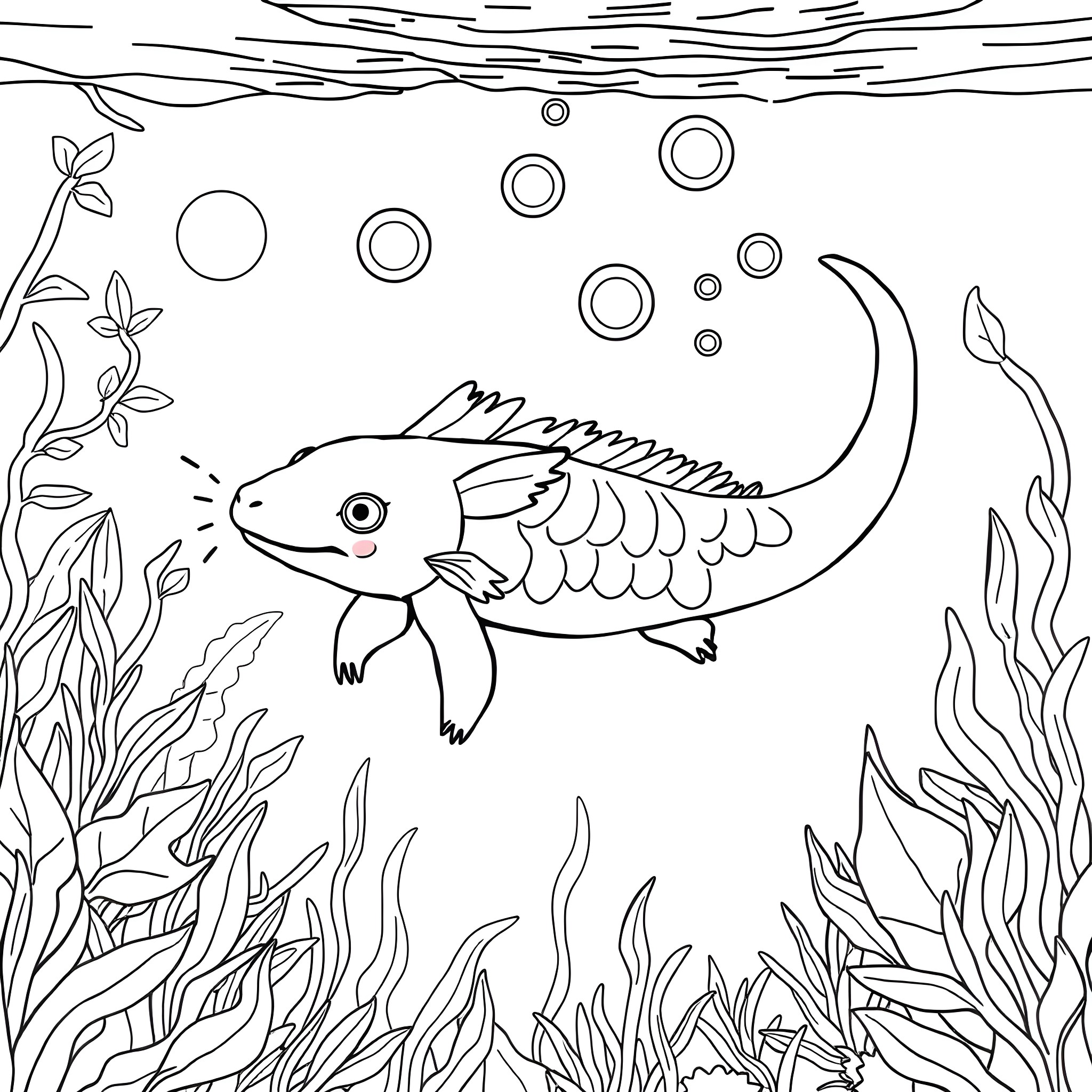 Axolotl swimming amidst underwater plants and bubbles Coloring Page (free black-and-white line drawing printable PDF for all, from beginners to advanced learners, including children, teens, adults, and seniors)