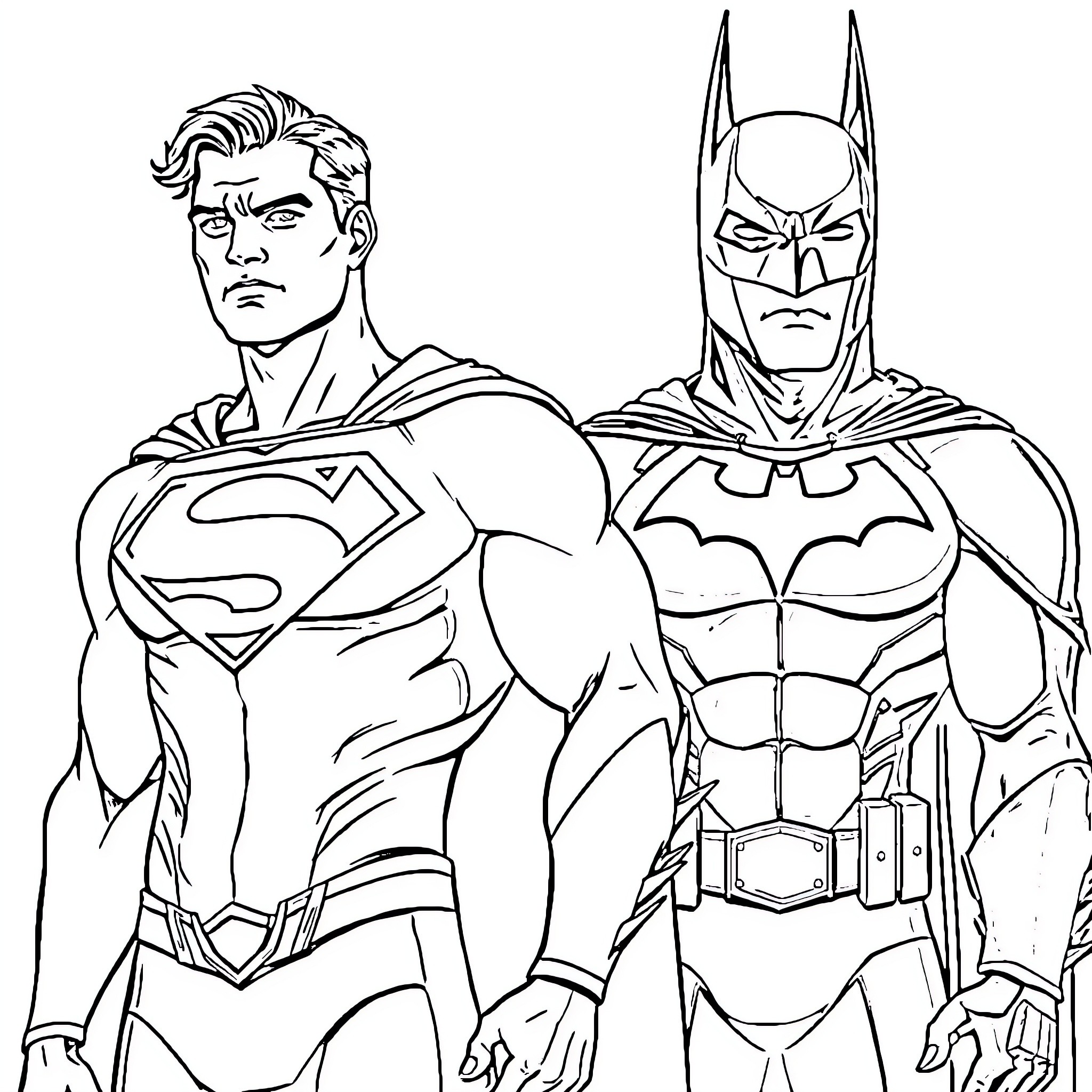 Superman and Batman standing together in action poses Coloring Page (free black-and-white line drawing printable PDF for all, from beginners to advanced learners, including children, teens, adults, and seniors)