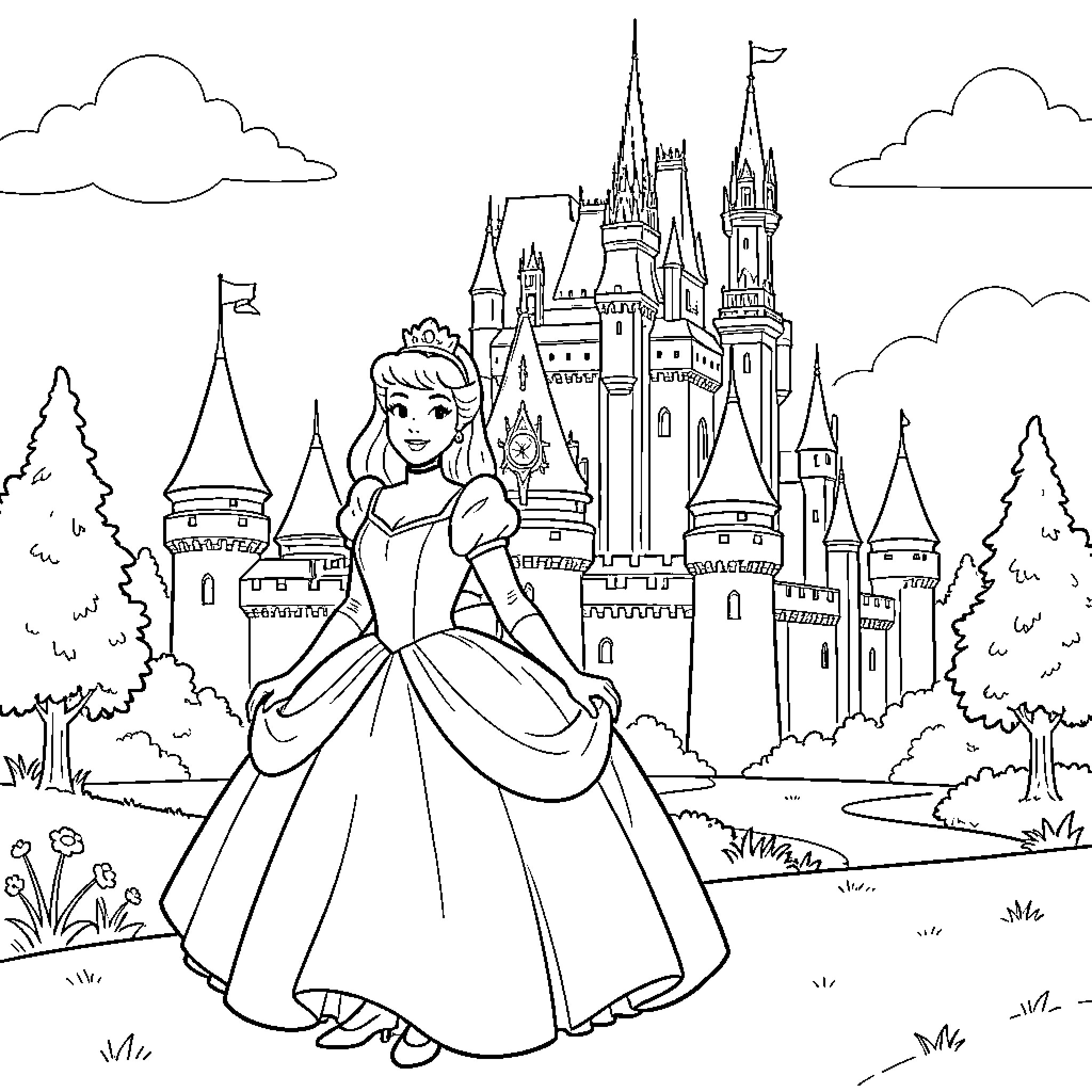 Cinderella's Fairy Tale Castle Adventure Coloring Page (free black-and-white line drawing printable PDF for all, from beginners to advanced learners, including children, teens, adults, and seniors)