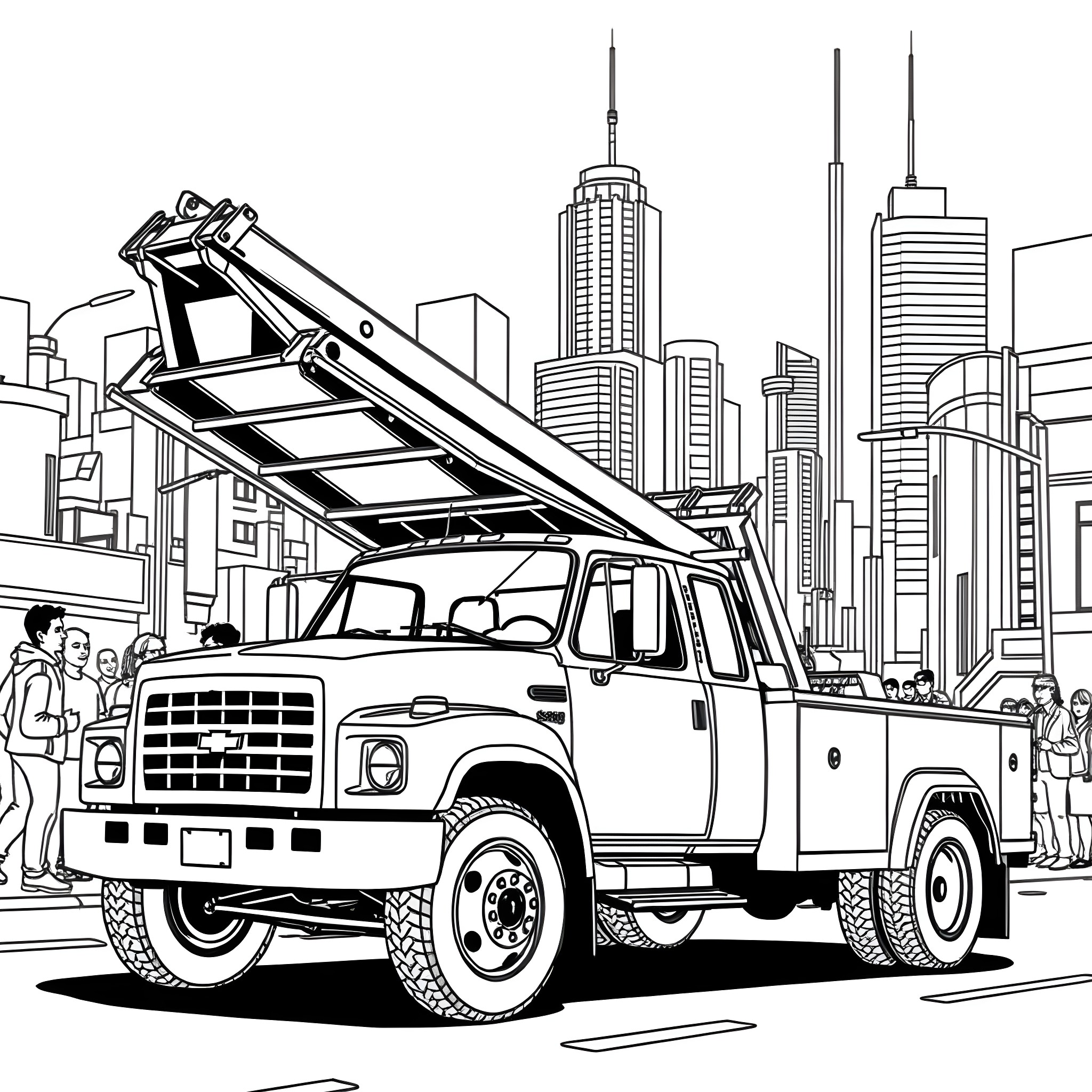 Wrecker Truck Navigating the City Streets Coloring Page (free black-and-white line drawing printable PDF for all, from beginners to advanced learners, including children, teens, adults, and seniors)