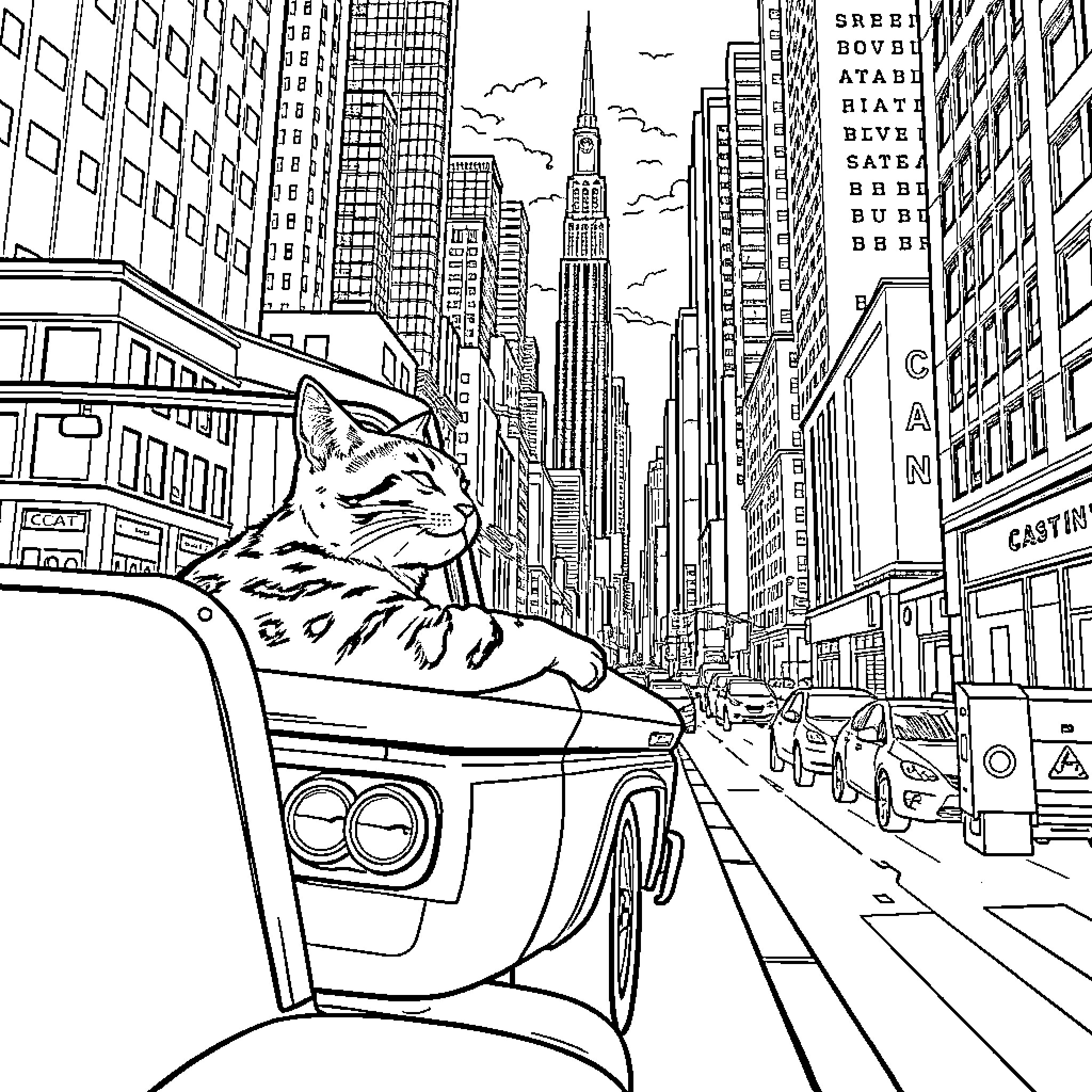Catnap in the Big City Coloring Page (free black-and-white line drawing printable PDF for all, from beginners to advanced learners, including children, teens, adults, and seniors)