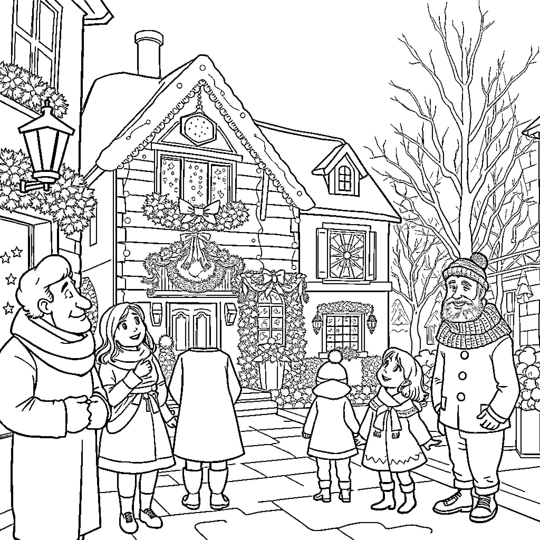 House with Christmas decorations and people outside Coloring Page (free black-and-white line drawing printable PDF for all, from beginners to advanced learners, including children, teens, adults, and seniors)
