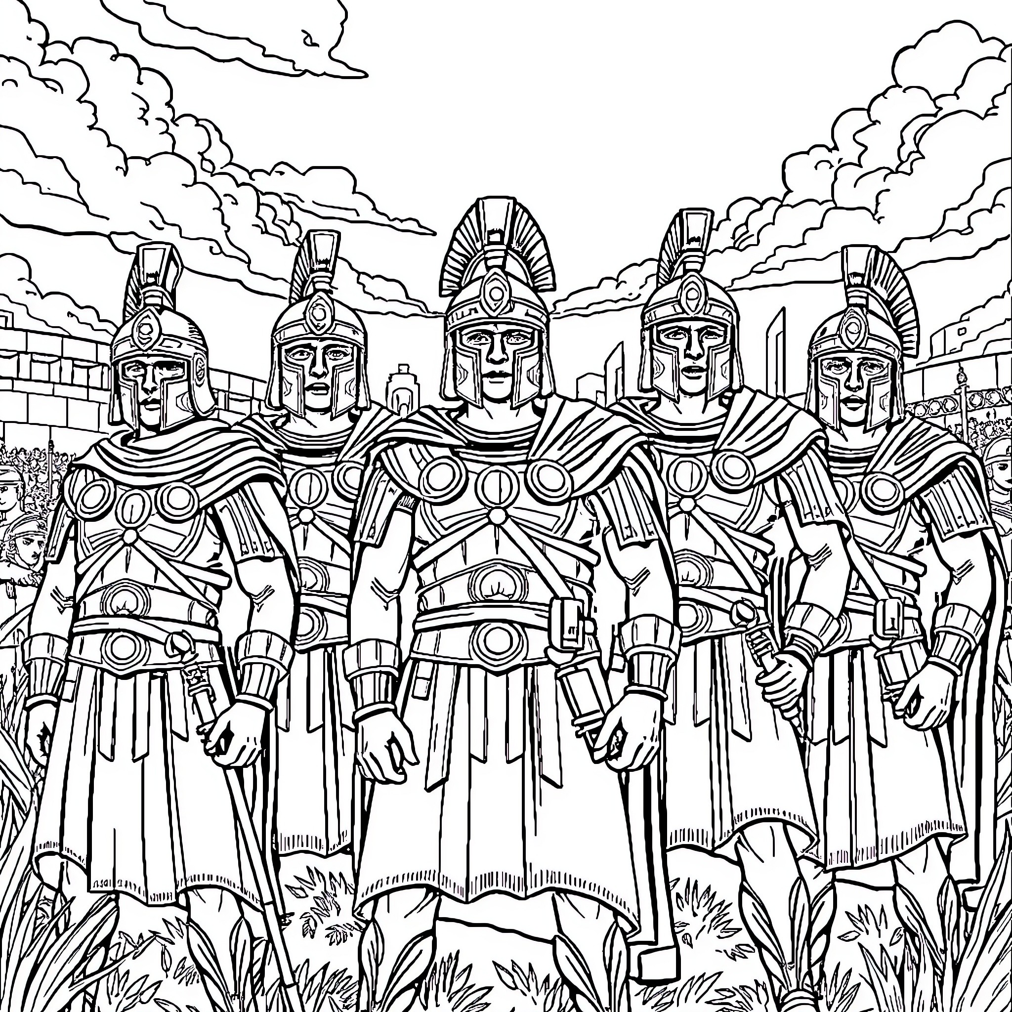 Pearl Jam Ancient Warrior Procession Coloring Page (free black-and-white line drawing printable PDF for all, from beginners to advanced learners, including children, teens, adults, and seniors)