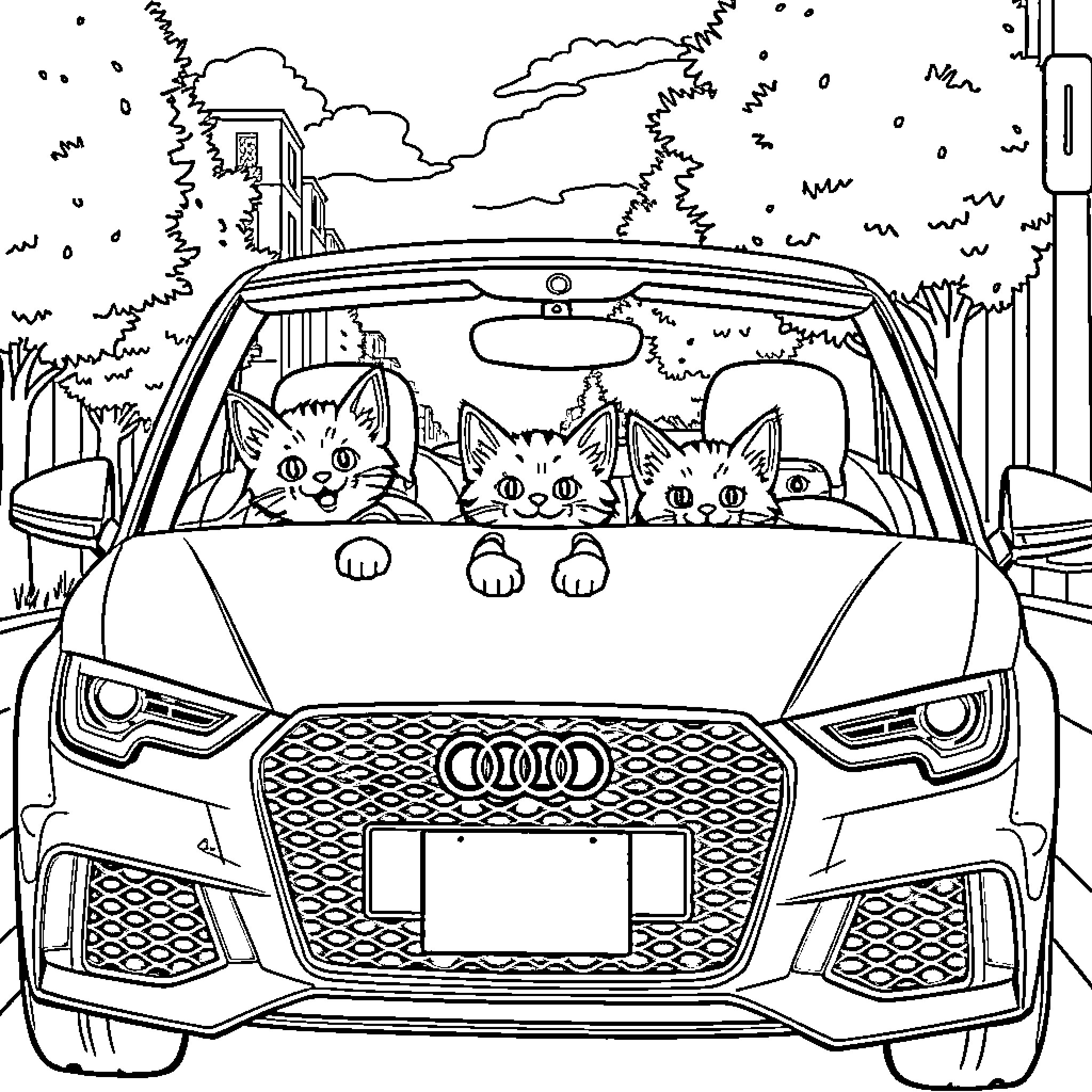 Cat family riding in car on adventure Coloring Page (free black-and-white line drawing printable PDF for all, from beginners to advanced learners, including children, teens, adults, and seniors)