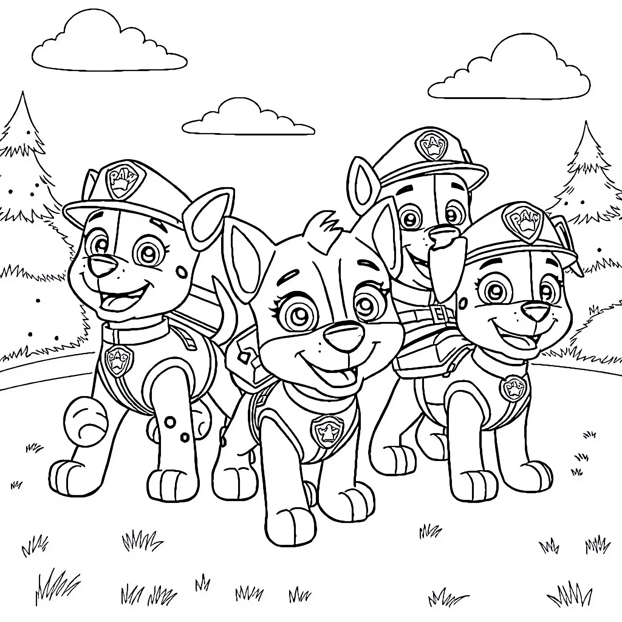 Paw Patrol puppies on a mission in the forest Coloring Page (free black-and-white line drawing printable PDF for all, from beginners to advanced learners, including children, teens, adults, and seniors)