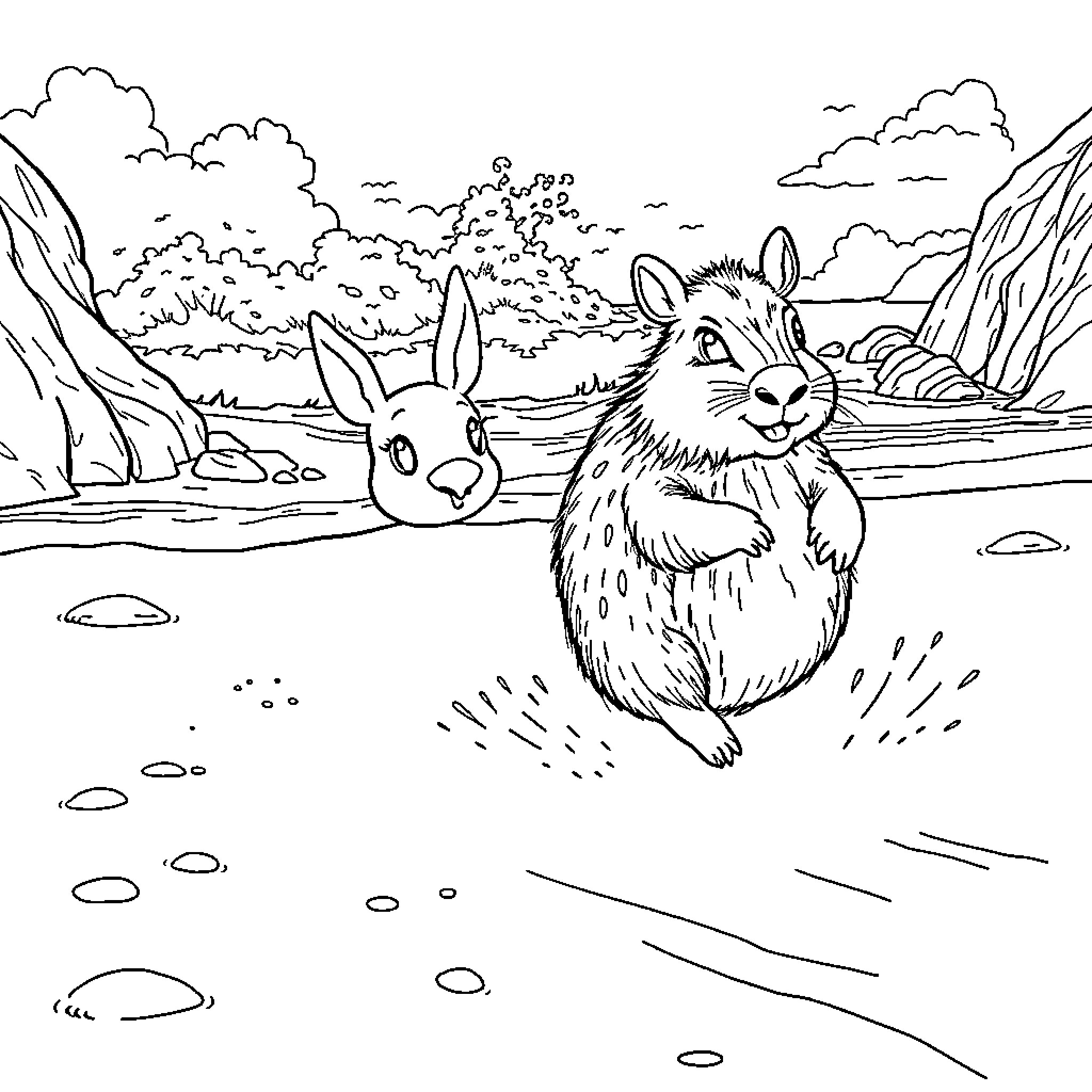 Evee's Outdoor Adventure with Rabbits Coloring Page (free black-and-white line drawing printable PDF for all, from beginners to advanced learners, including children, teens, adults, and seniors)