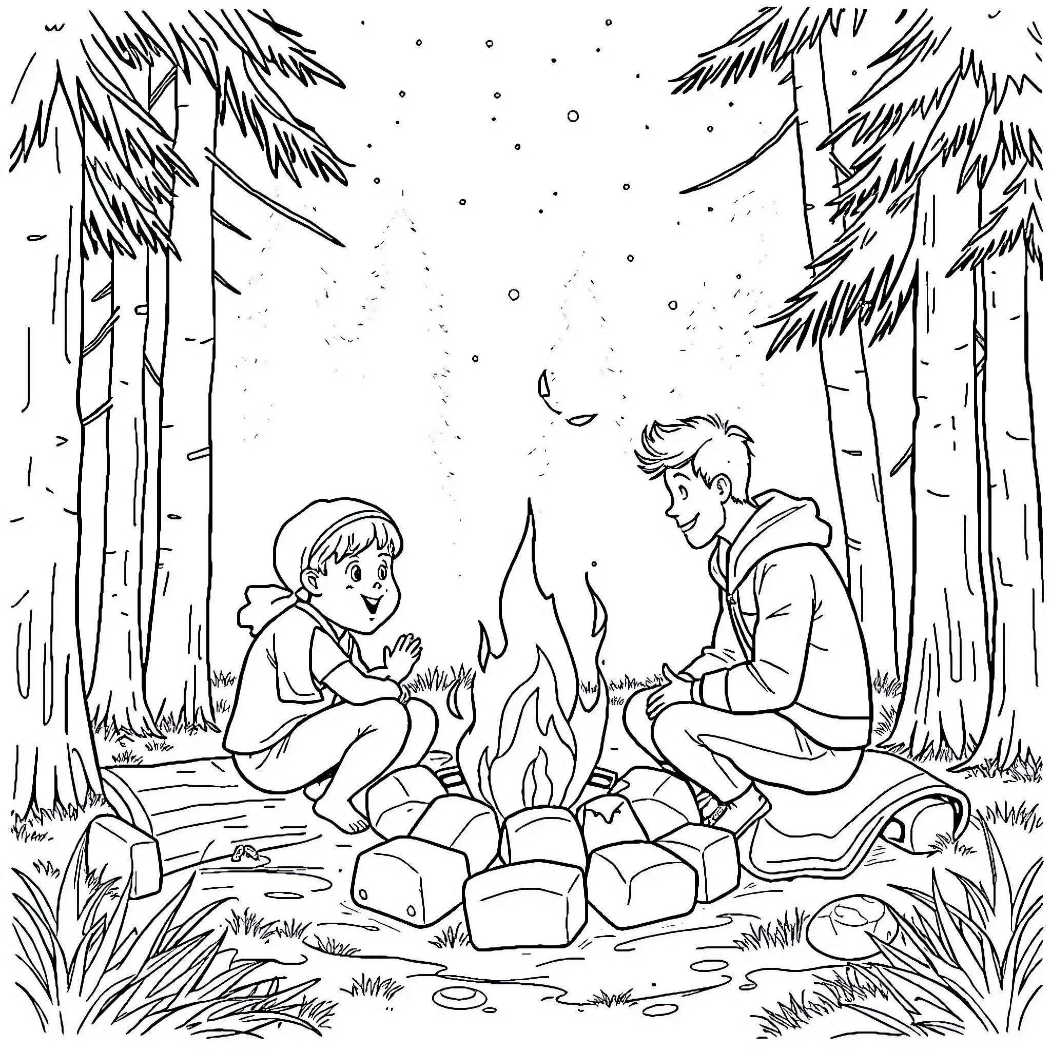 Baby Boy Camping by Cozy Campfire in Snowy Forest Coloring Page (free black-and-white line drawing printable PDF for all, from beginners to advanced learners, including children, teens, adults, and seniors)