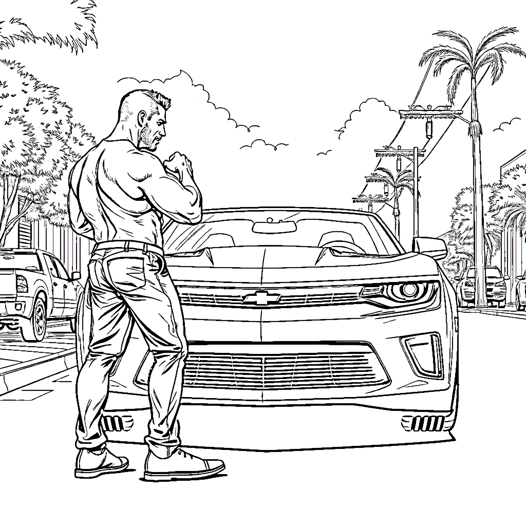 Bodybuilder posing next to a sports car in a city scene Coloring Page (free black-and-white line drawing printable PDF for all, from beginners to advanced learners, including children, teens, adults, and seniors)
