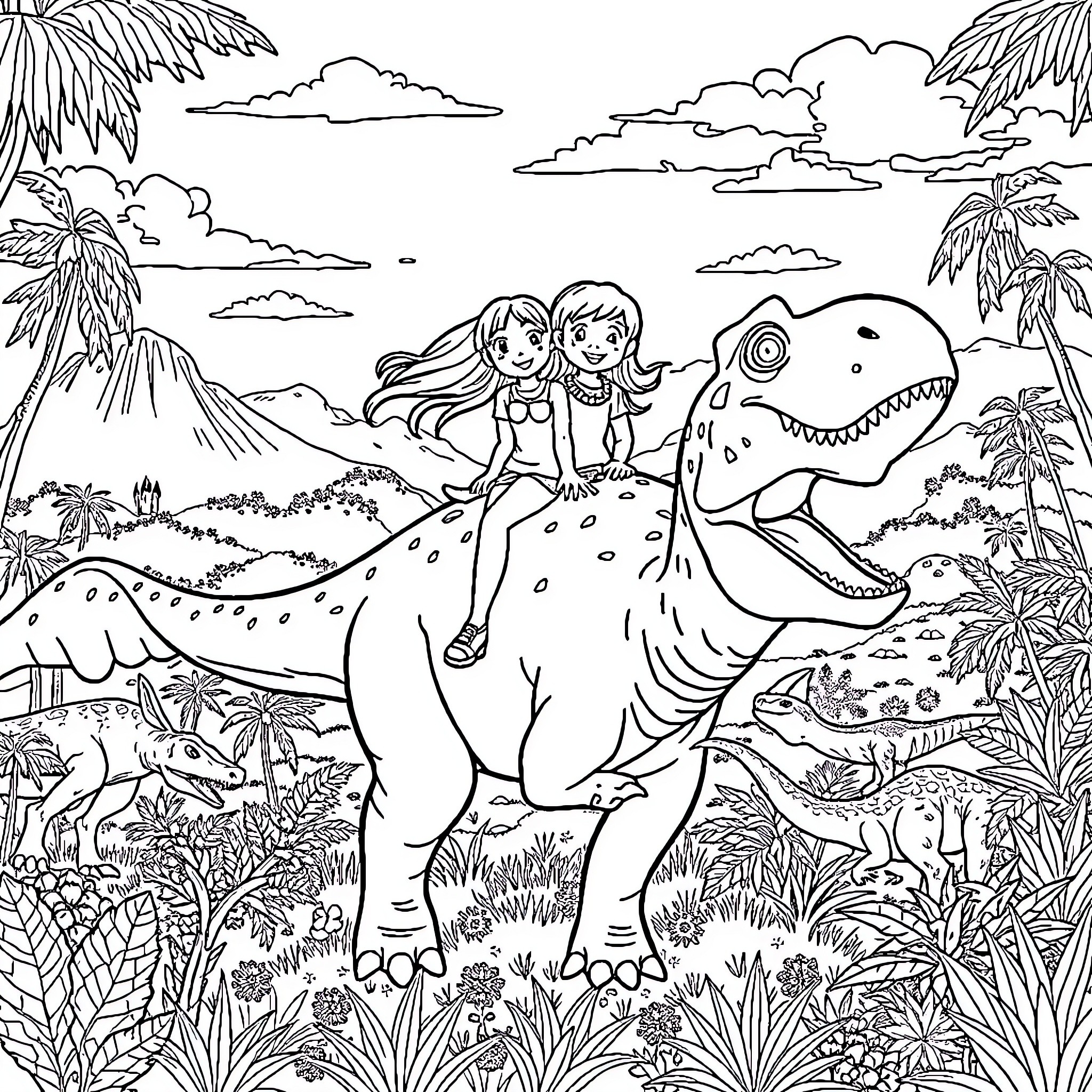 Girl riding friendly dinosaur in tropical landscape Coloring Page (free black-and-white line drawing printable PDF for all, from beginners to advanced learners, including children, teens, adults, and seniors)