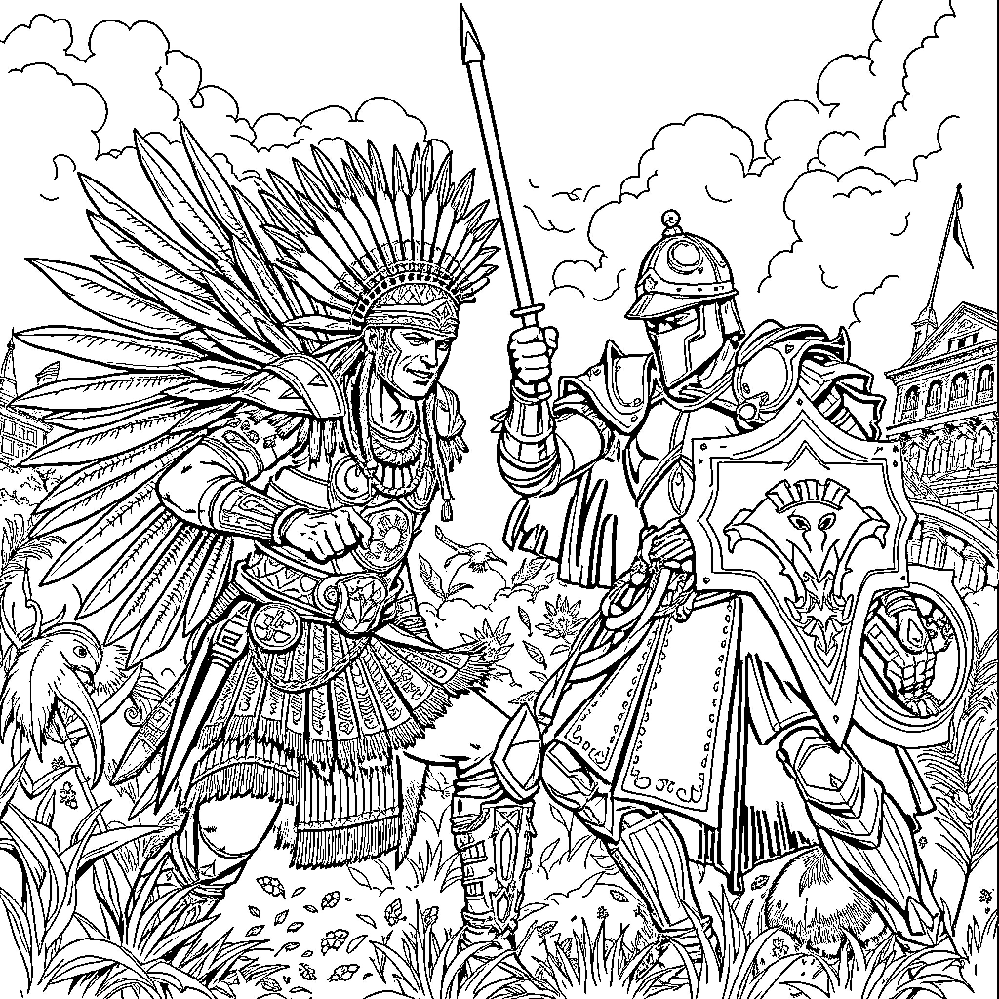 Aztec Warrior in Battle with Ornate Headdress Coloring Page (free black-and-white line drawing printable PDF for all, from beginners to advanced learners, including children, teens, adults, and seniors)