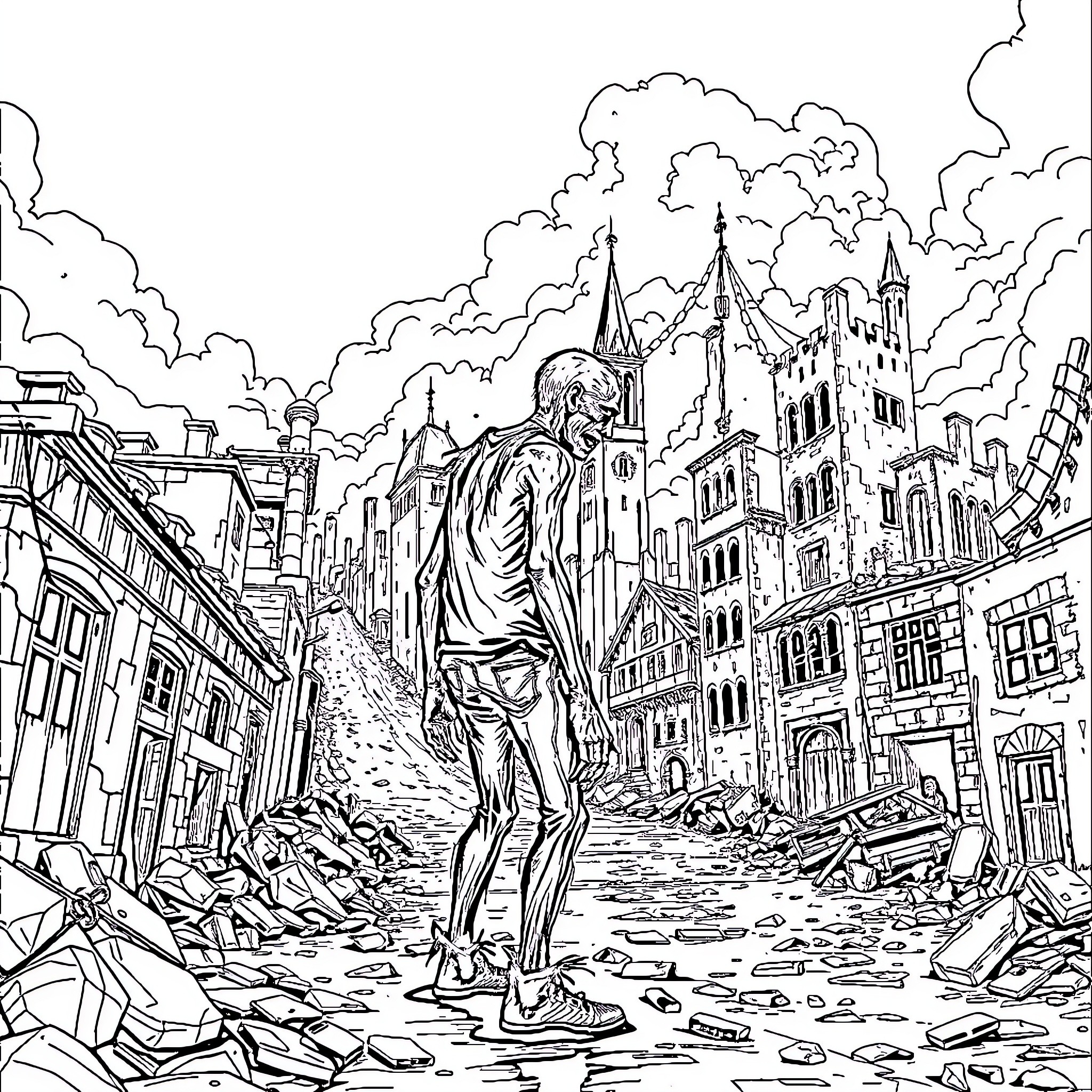 Zombie wandering amidst the ruins of a destroyed city Coloring Page (free black-and-white line drawing printable PDF for all, from beginners to advanced learners, including children, teens, adults, and seniors)