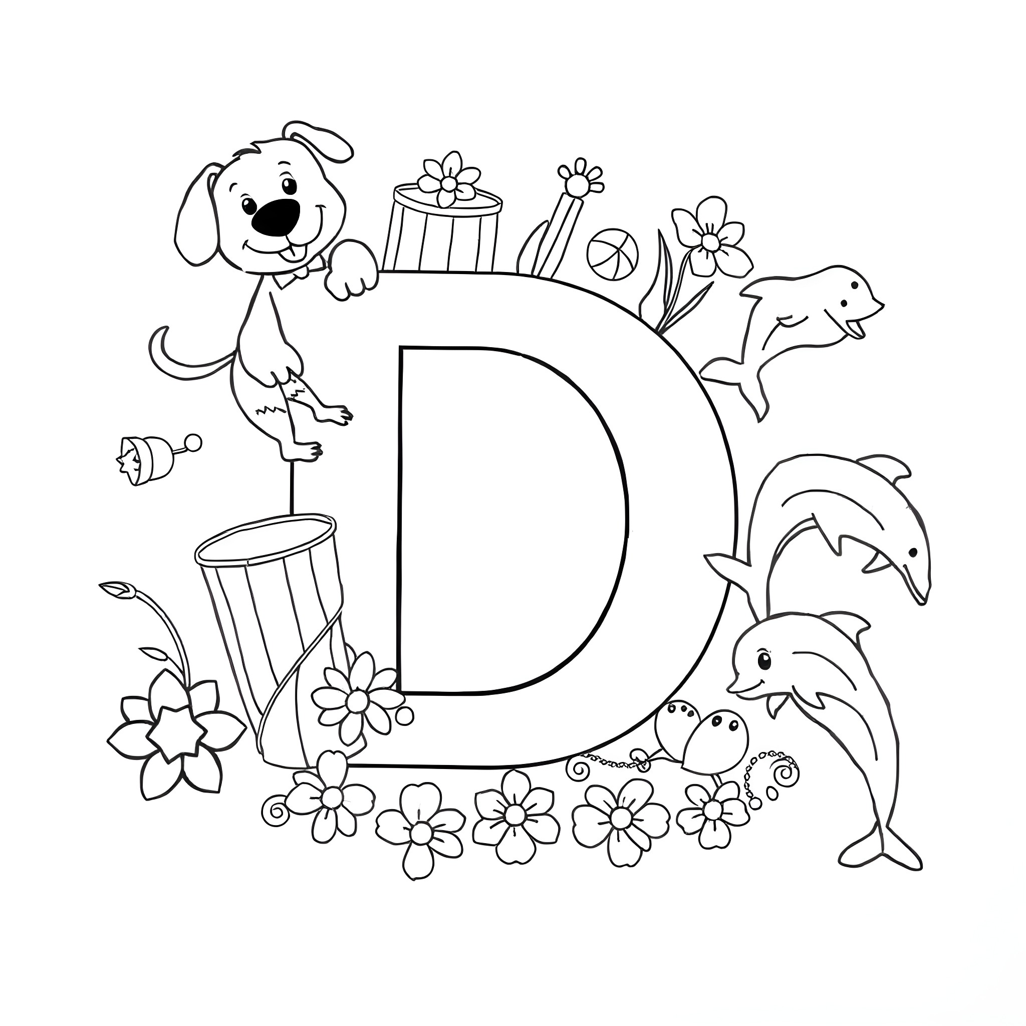 Letter D with Cute Animals and Flowers Coloring Page (free black-and-white line drawing printable PDF for all, from beginners to advanced learners, including children, teens, adults, and seniors)