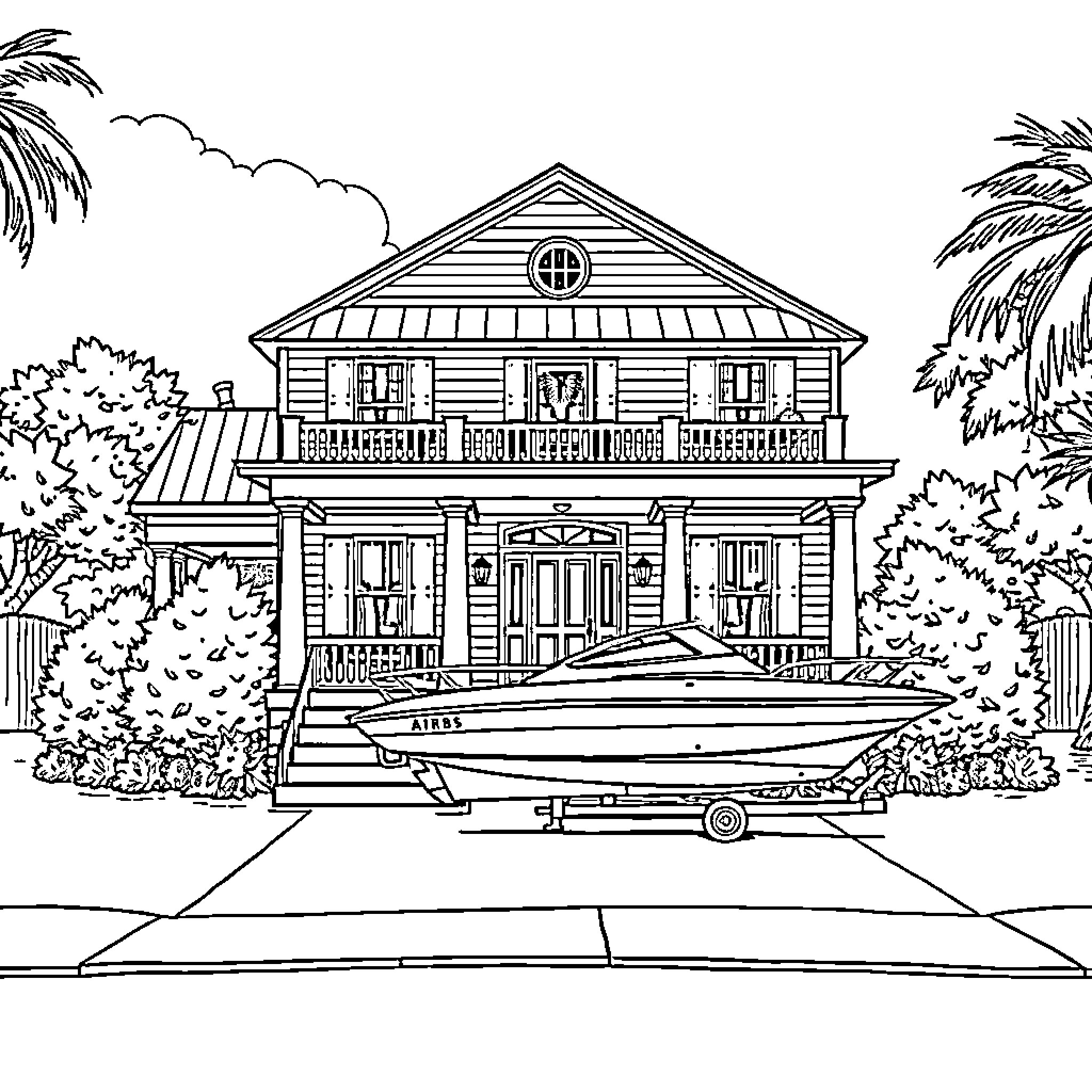 House with Boat in Tropical Landscape Coloring Page (free black-and-white line drawing printable PDF for all, from beginners to advanced learners, including children, teens, adults, and seniors)