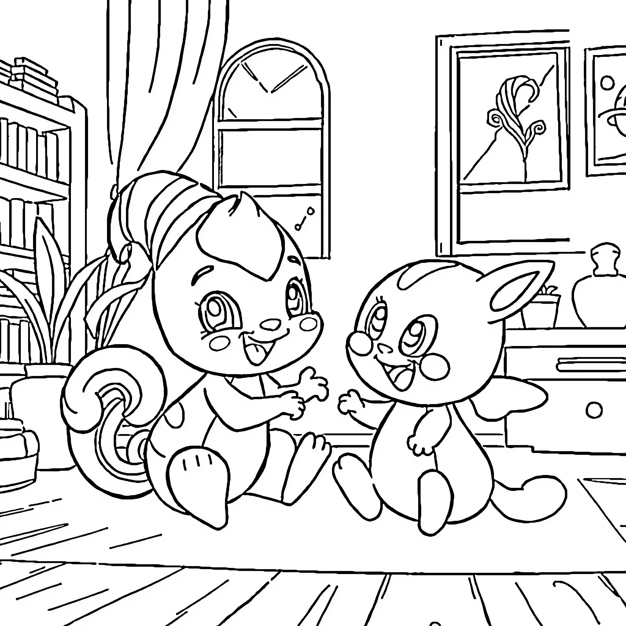 Sprunki characters playing together in a cozy room Coloring Page (free black-and-white line drawing printable PDF for all, from beginners to advanced learners, including children, teens, adults, and seniors)