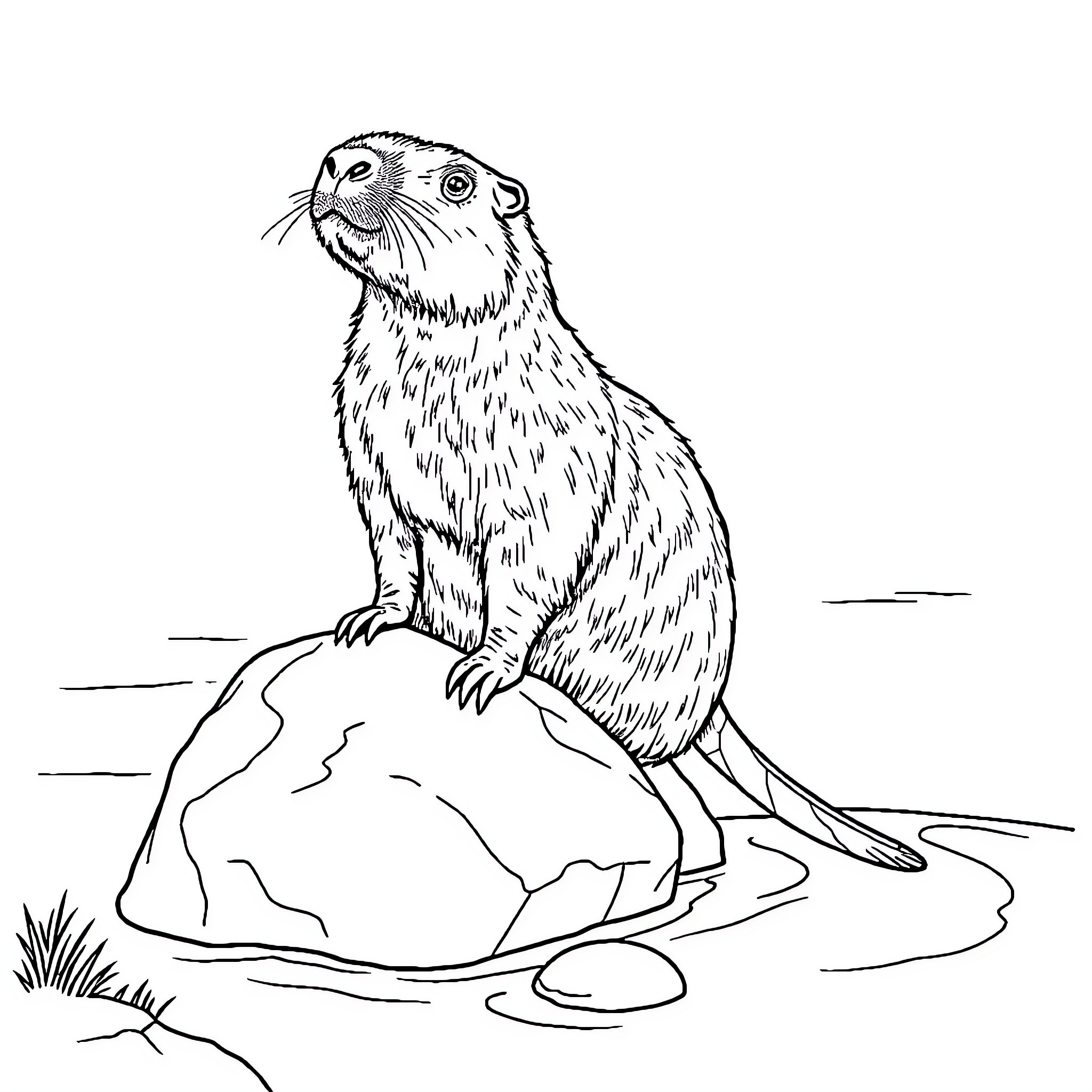 Capybara sitting attentively on a rock Coloring Page (free black-and-white line drawing printable PDF for all, from beginners to advanced learners, including children, teens, adults, and seniors)