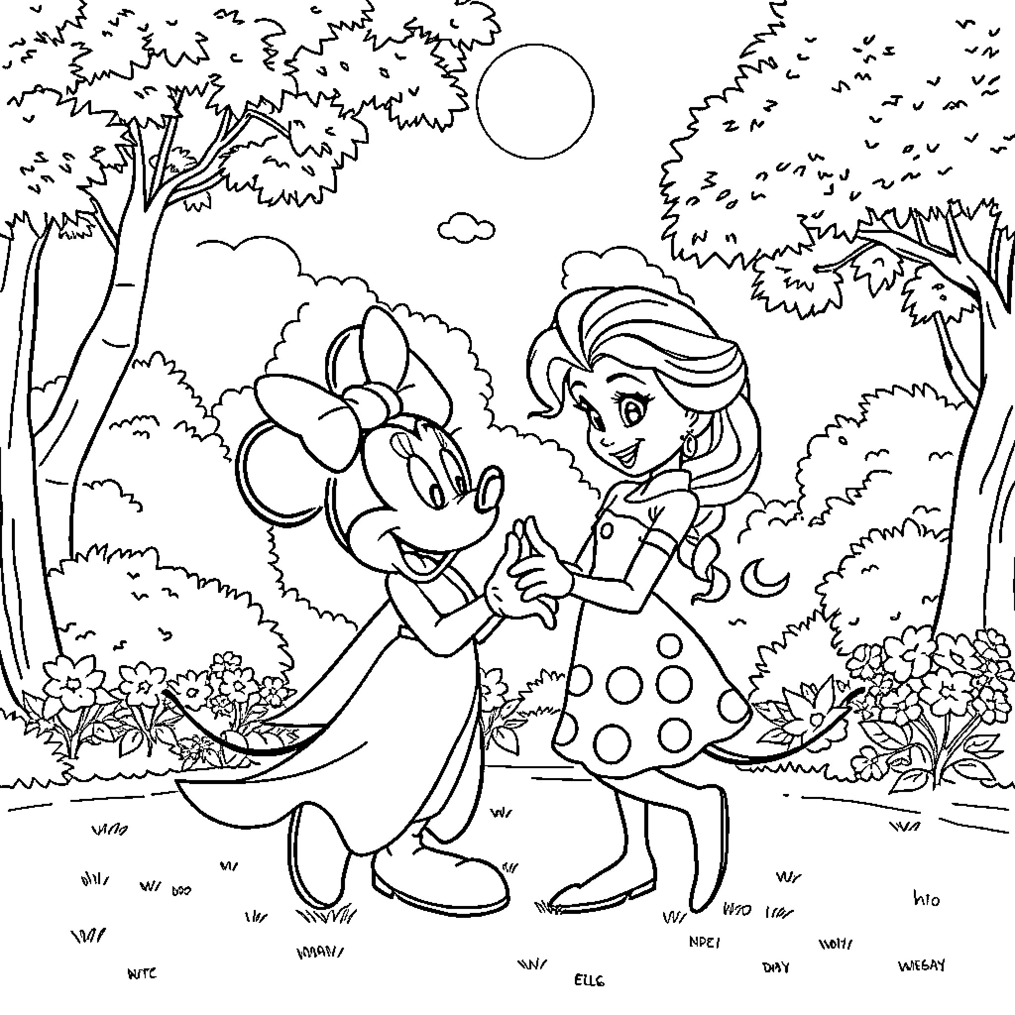 Elsa and Minnie Mouse enjoying a magical adventure Coloring Page (free black-and-white line drawing printable PDF for all, from beginners to advanced learners, including children, teens, adults, and seniors)
