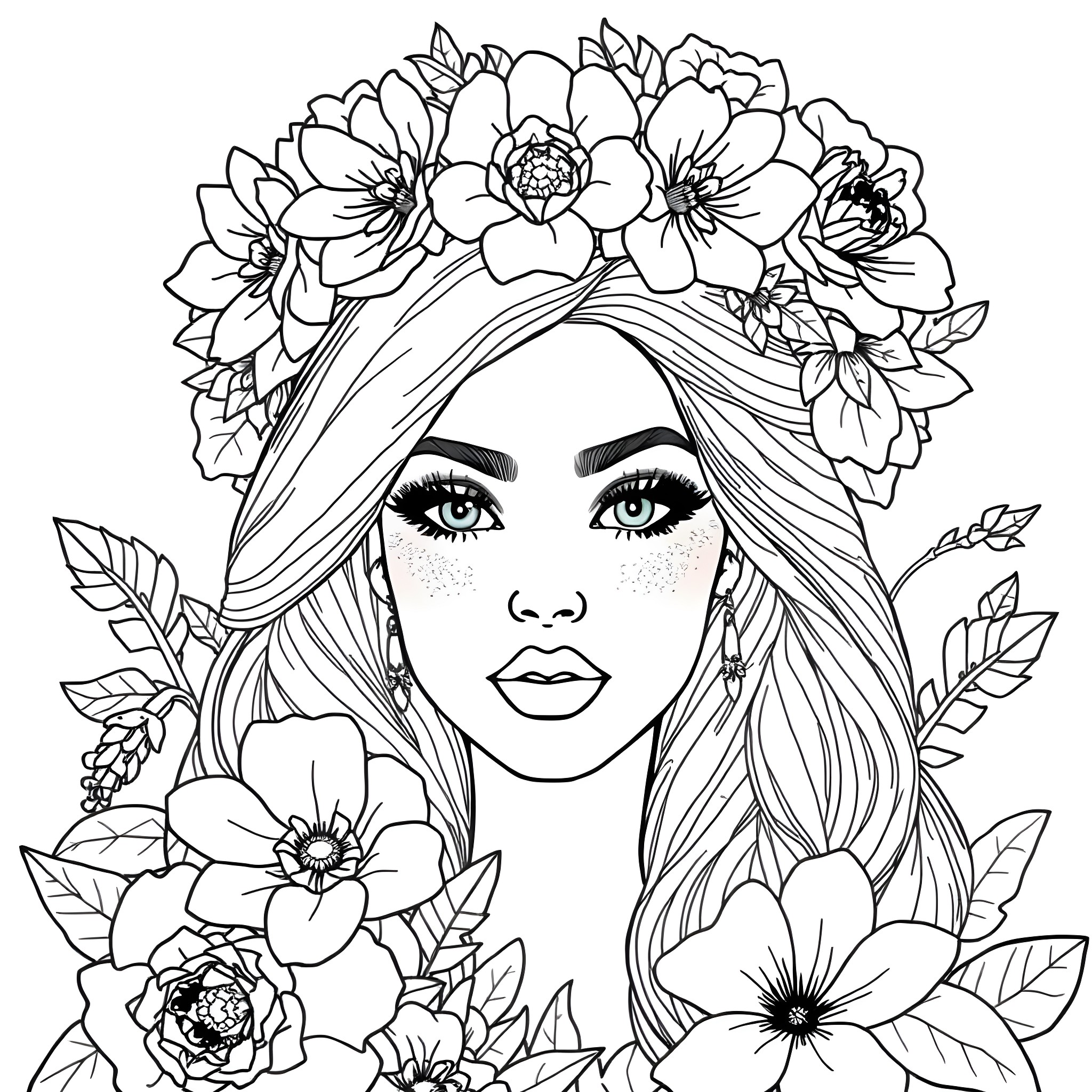 Nicki surrounded by beautiful floral arrangement Coloring Page (free black-and-white line drawing printable PDF for all, from beginners to advanced learners, including children, teens, adults, and seniors)