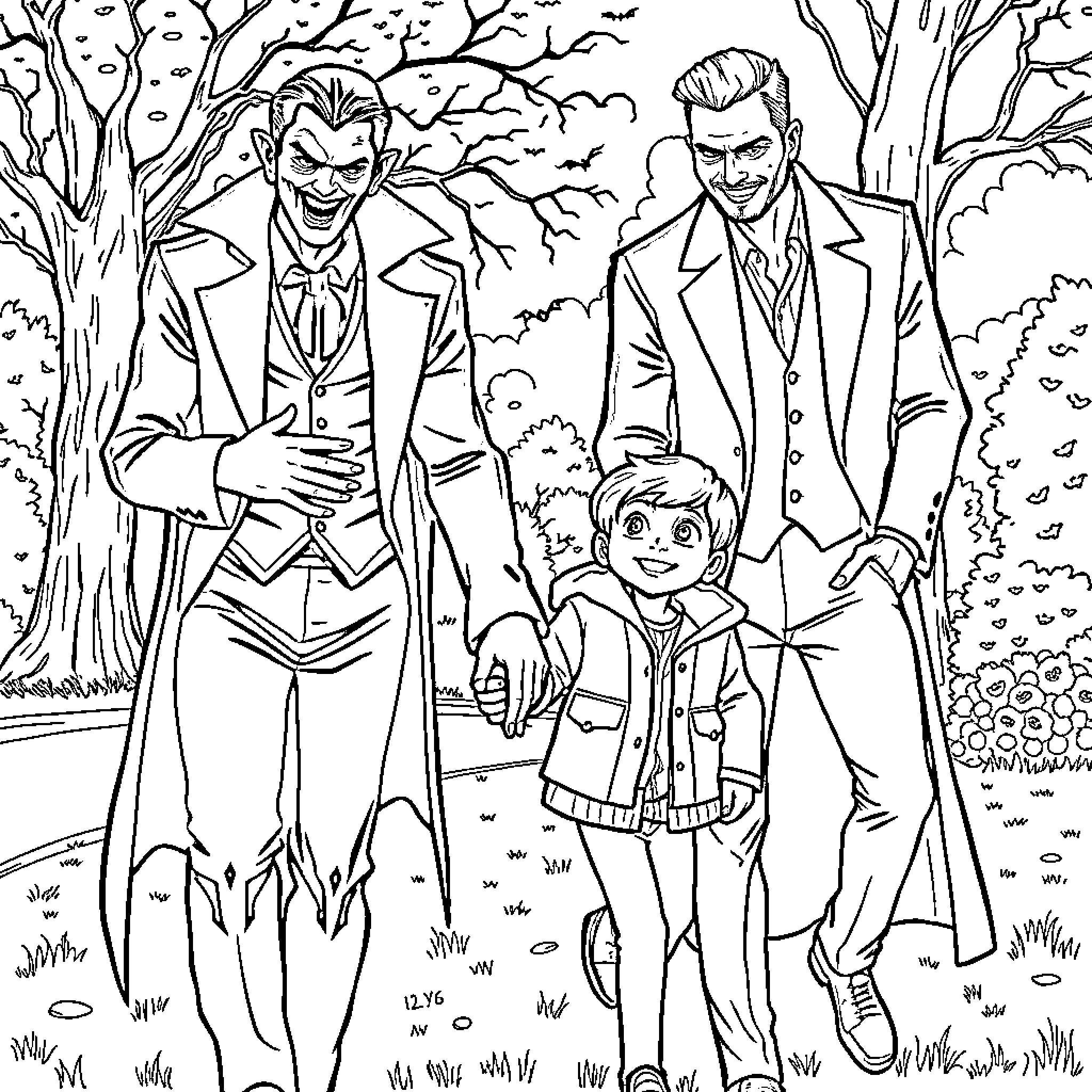Vampire Gentlemen Escorting a Young Boy in the Forest Coloring Page (free black-and-white line drawing printable PDF for all, from beginners to advanced learners, including children, teens, adults, and seniors)