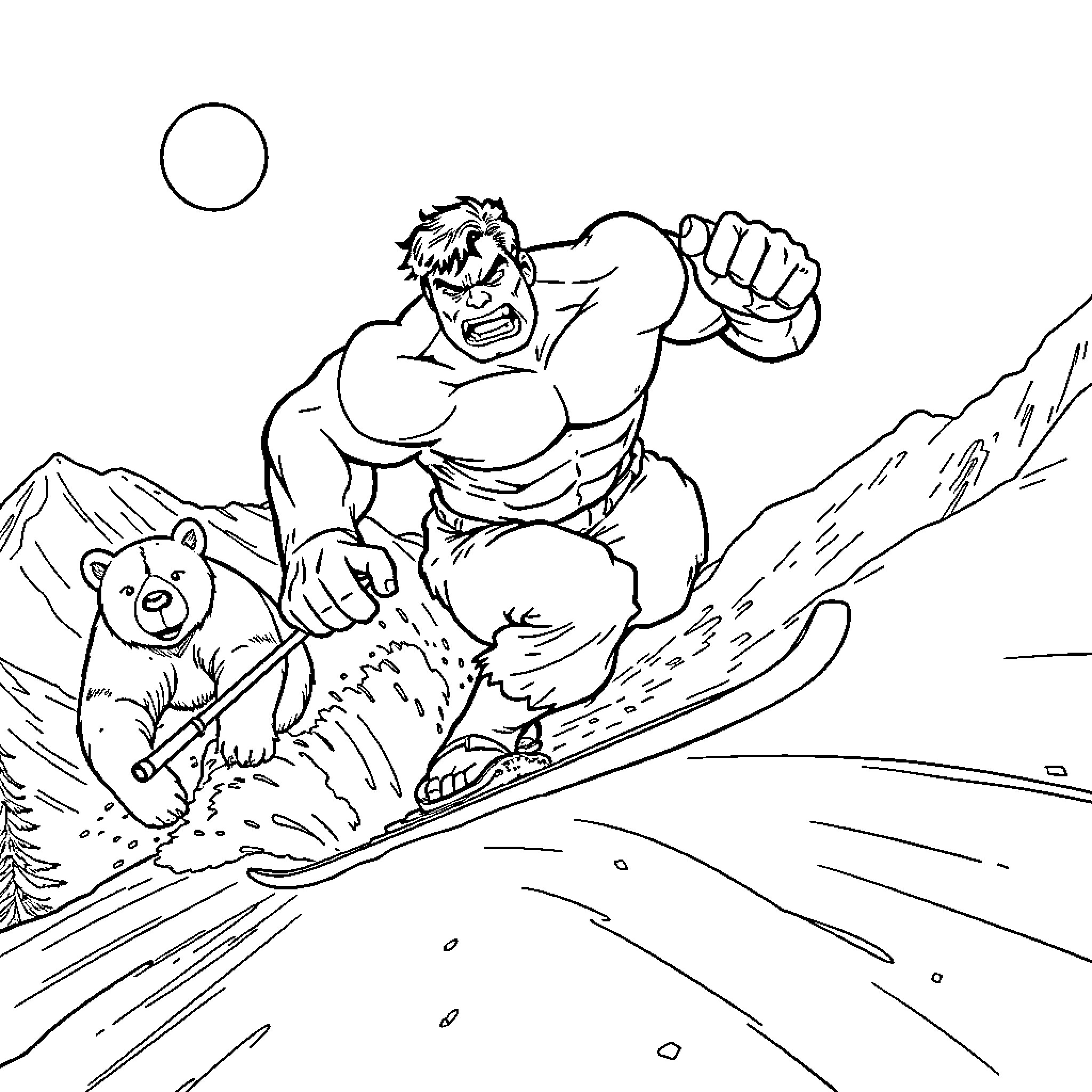 Hulk careening downhill on snowboard with bear companion Coloring Page (free black-and-white line drawing printable PDF for all, from beginners to advanced learners, including children, teens, adults, and seniors)