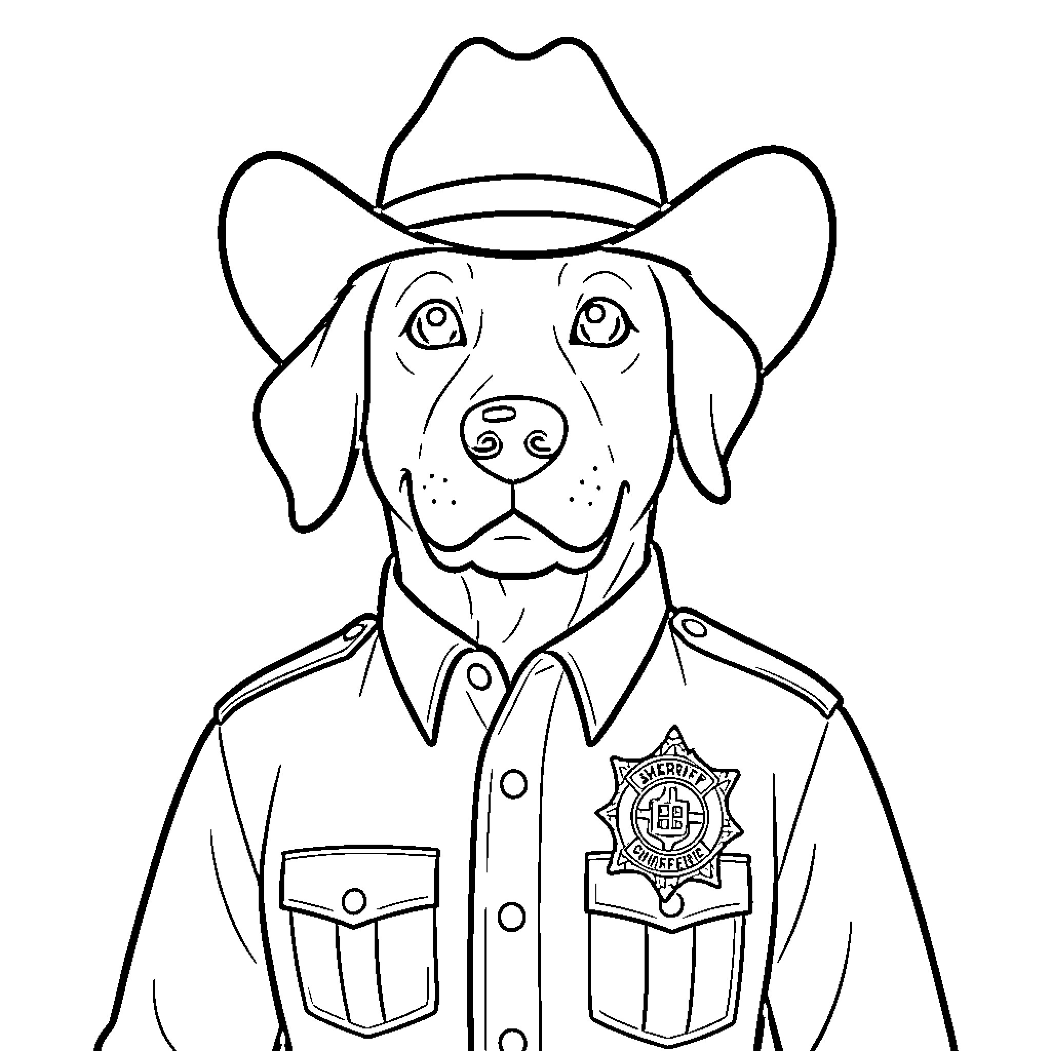 Sheriff Labrador in uniform with cowboy hat Coloring Page (free black-and-white line drawing printable PDF for all, from beginners to advanced learners, including children, teens, adults, and seniors)