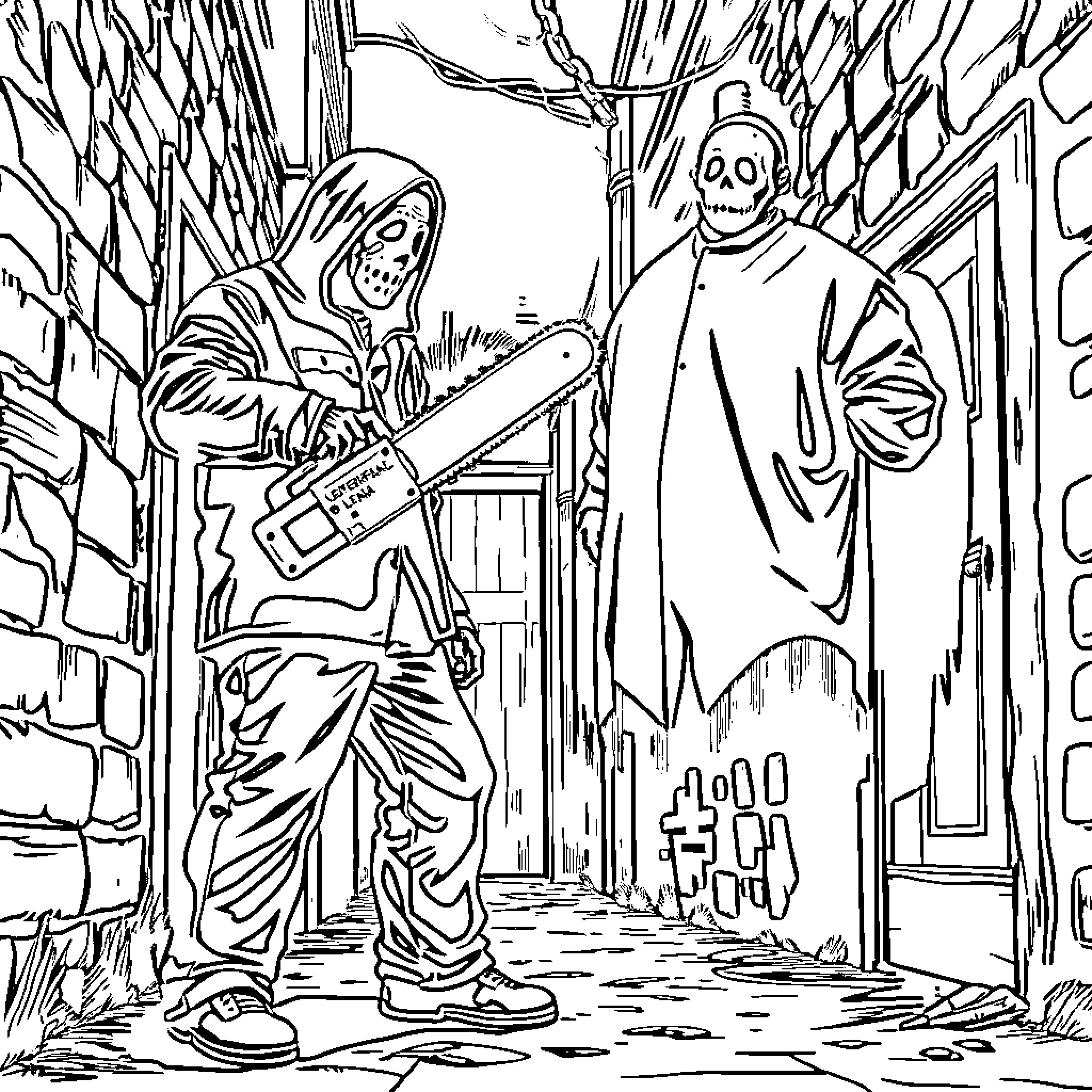 Ghost Face Stalking Figures in a Dark Alley Coloring Page (free black-and-white line drawing printable PDF for all, from beginners to advanced learners, including children, teens, adults, and seniors)