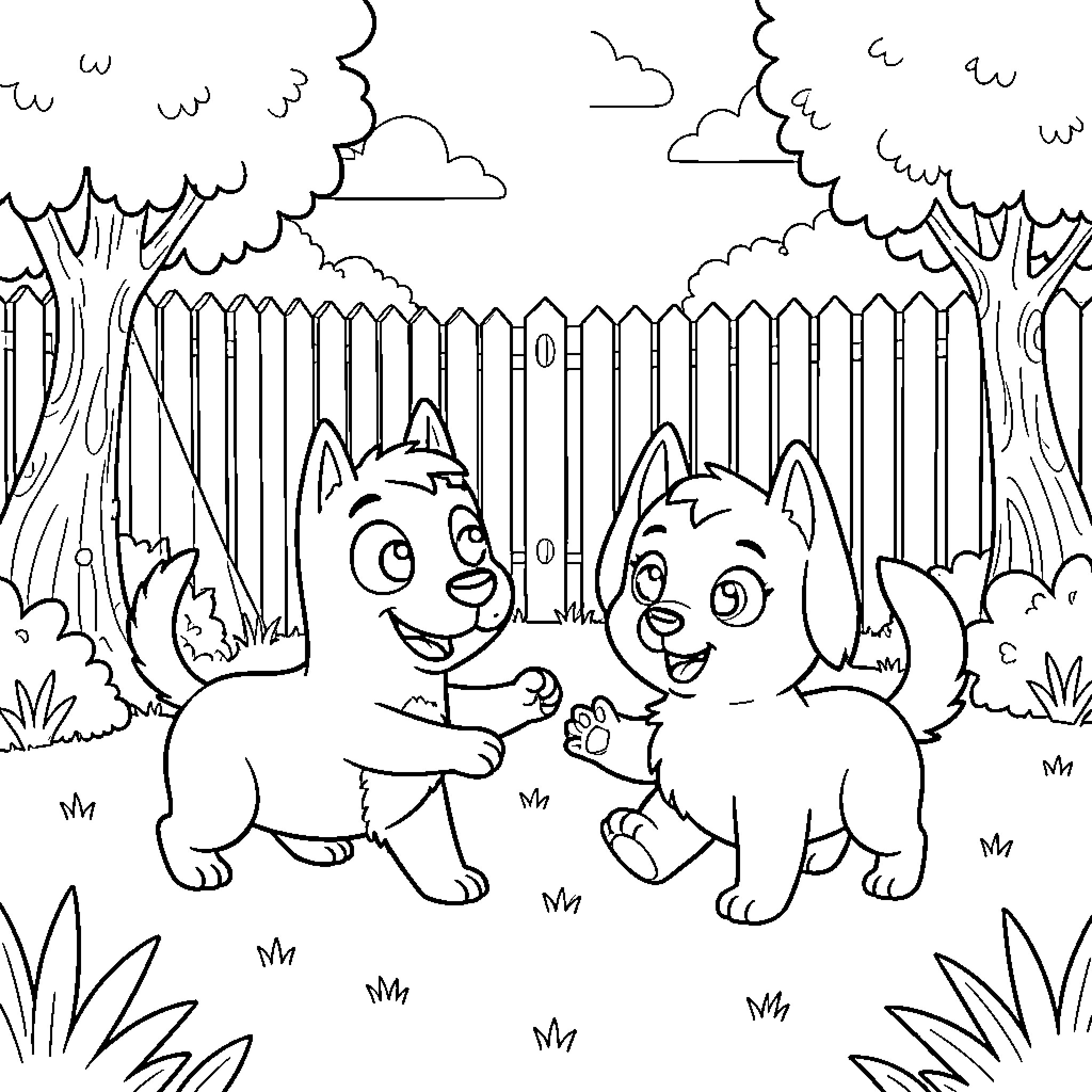 Bluey and Bingo playing joyfully outdoors Coloring Page (free black-and-white line drawing printable PDF for all, from beginners to advanced learners, including children, teens, adults, and seniors)