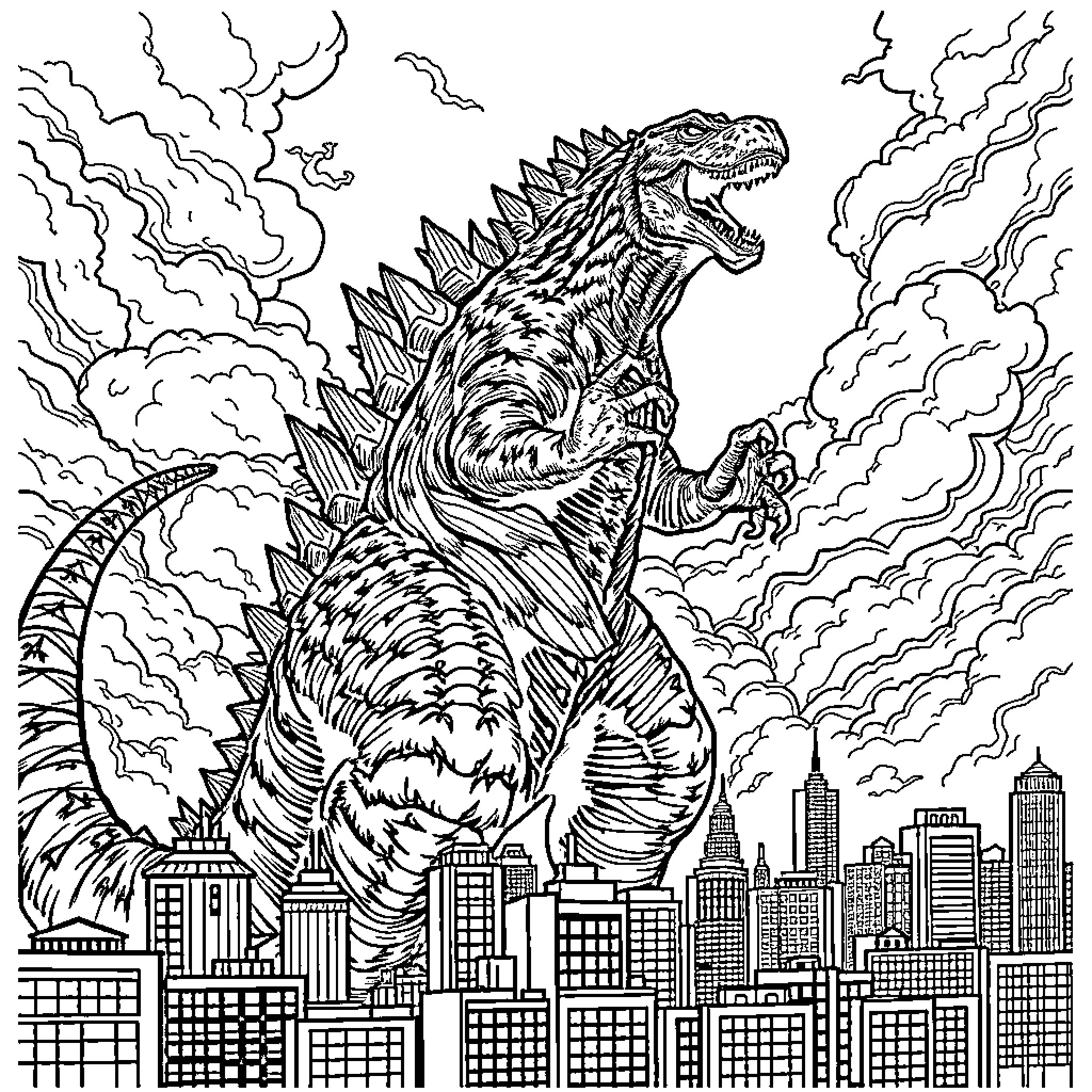 Godzilla rampaging through the city Coloring Page (free black-and-white line drawing printable PDF for all, from beginners to advanced learners, including children, teens, adults, and seniors)
