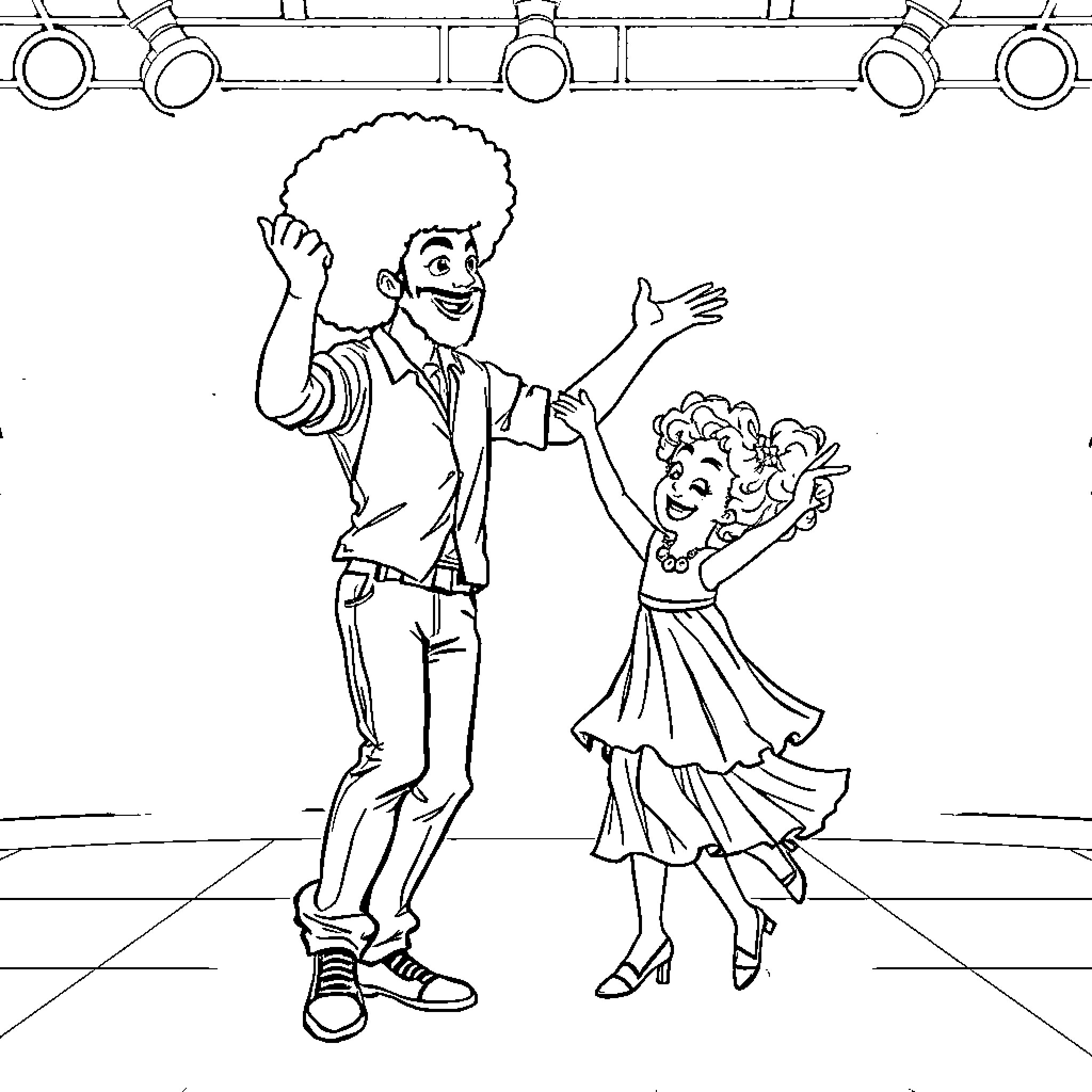 Dad and daughter dancing happily together Coloring Page (free black-and-white line drawing printable PDF for all, from beginners to advanced learners, including children, teens, adults, and seniors)
