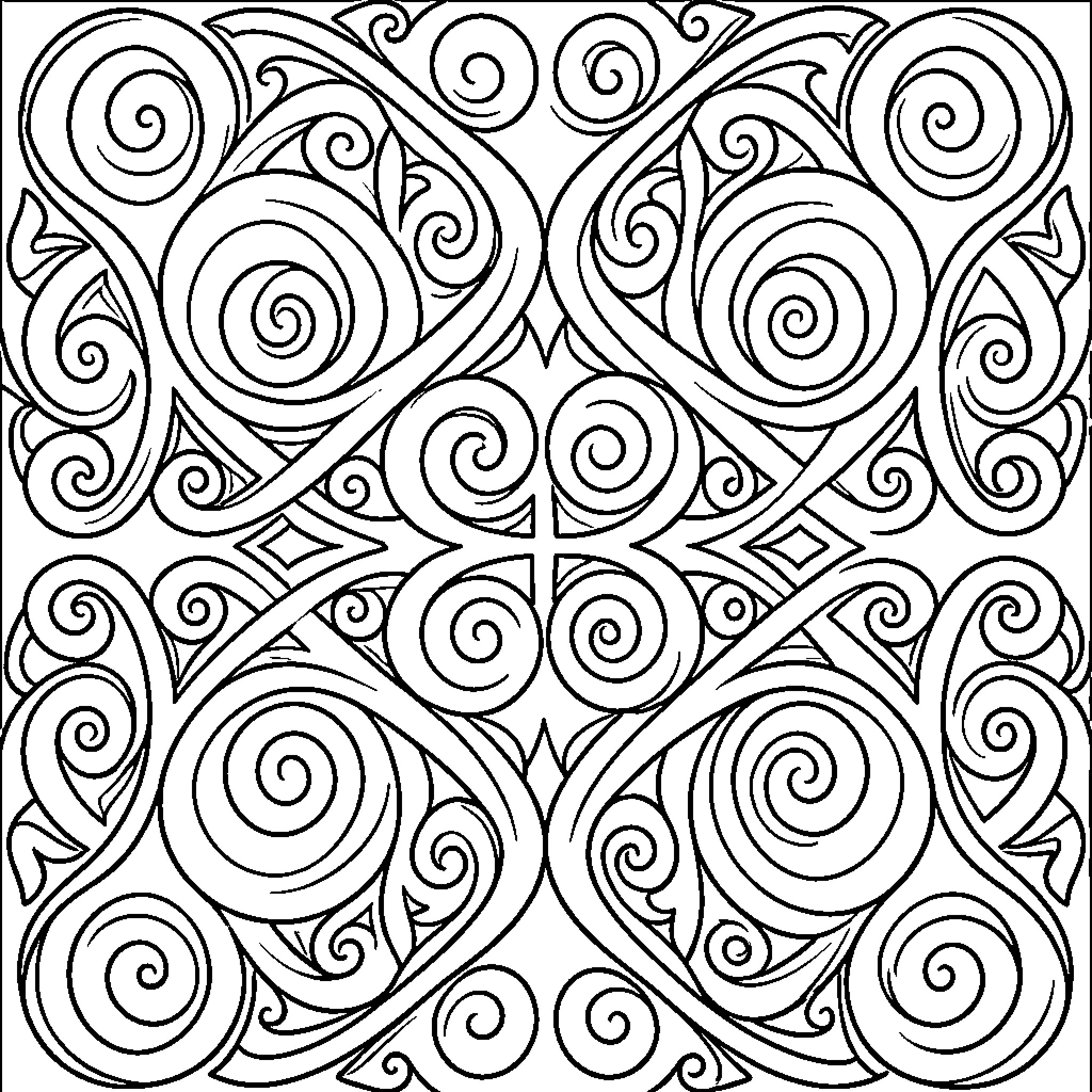 Maori Design featuring symmetrical flowing spiral patterns Coloring Page (free black-and-white line drawing printable PDF for all, from beginners to advanced learners, including children, teens, adults, and seniors)