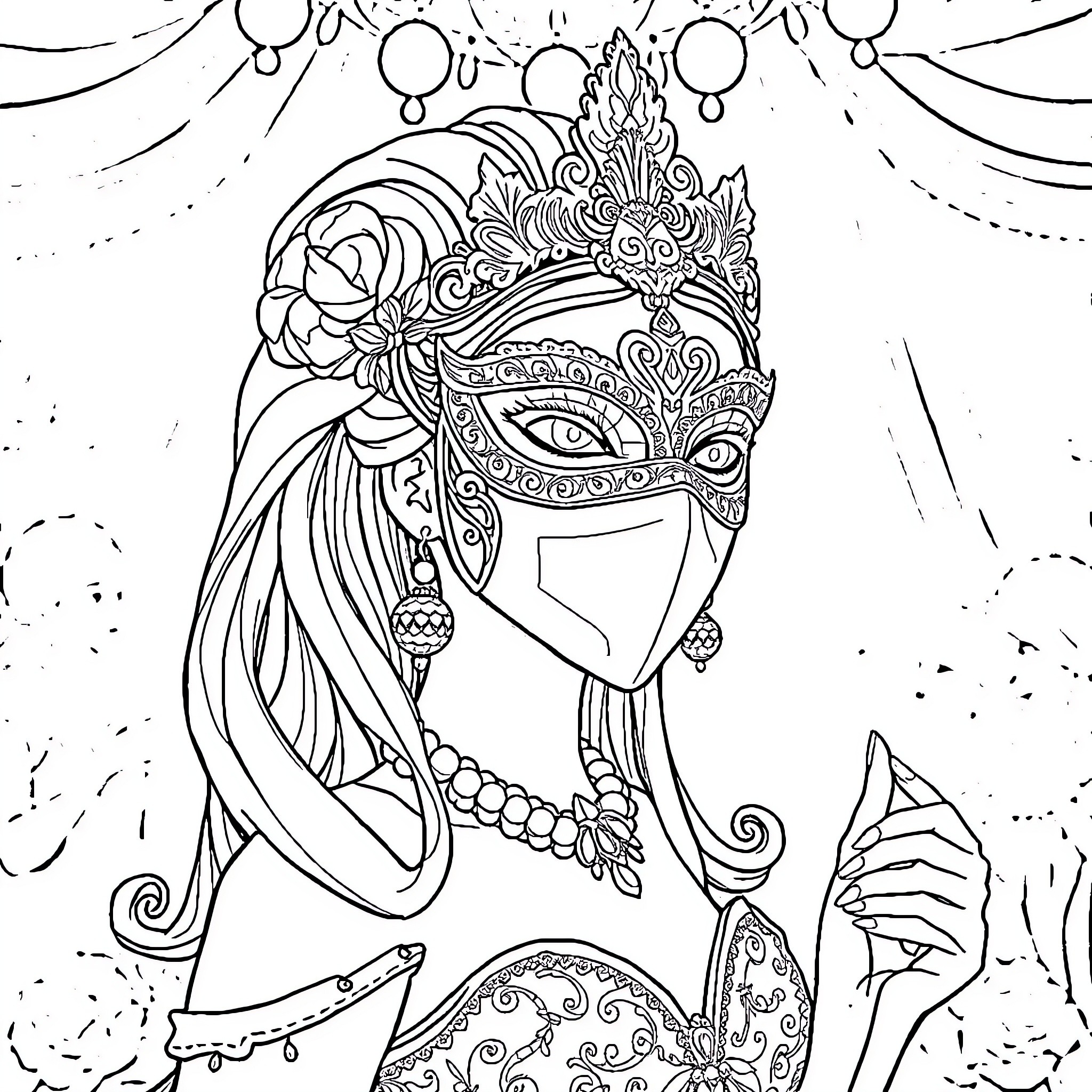 Whale in Ornate Masquerade Mask Coloring Page (free black-and-white line drawing printable PDF for all, from beginners to advanced learners, including children, teens, adults, and seniors)