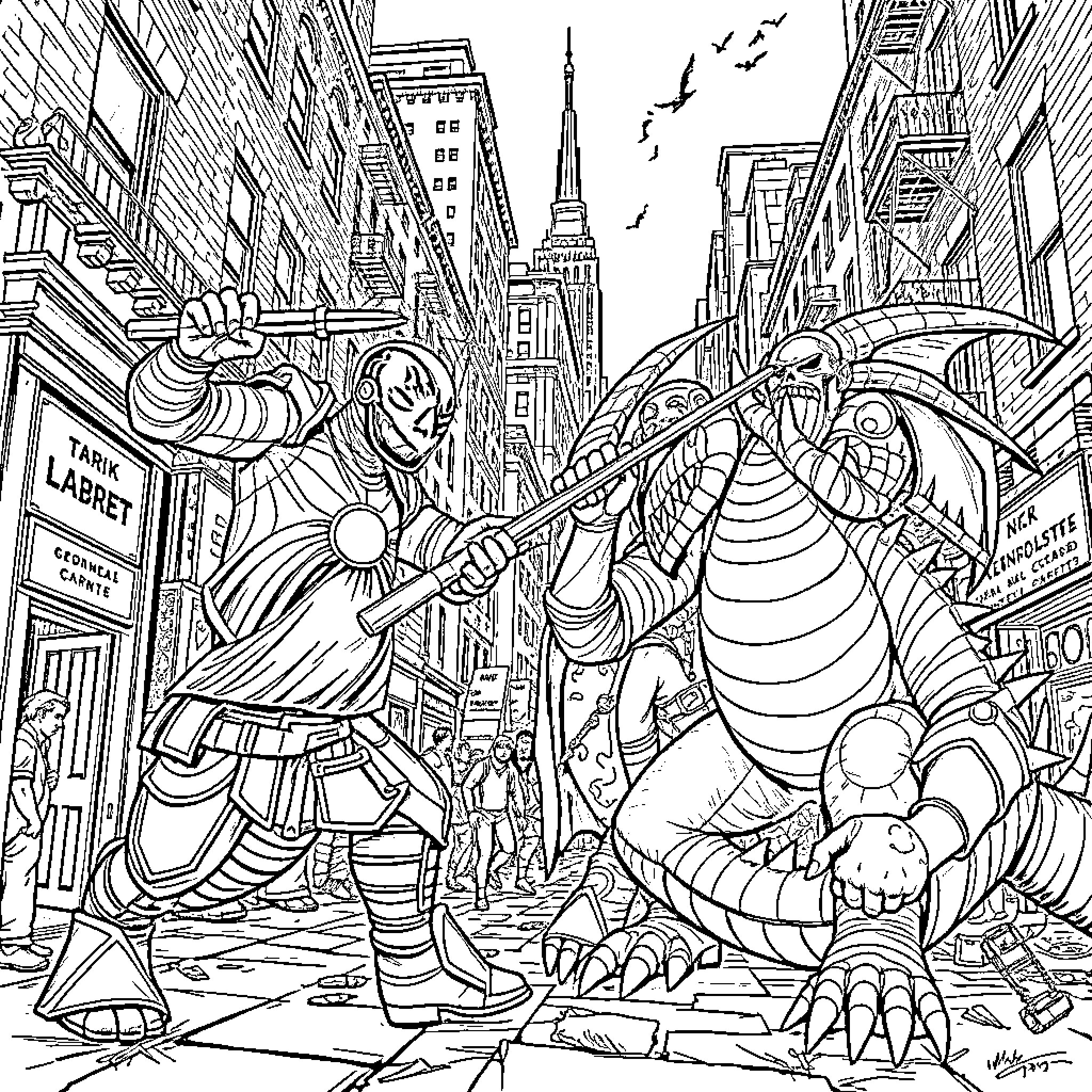 Avengers Battling Villains in Bustling City Coloring Page (free black-and-white line drawing printable PDF for all, from beginners to advanced learners, including children, teens, adults, and seniors)