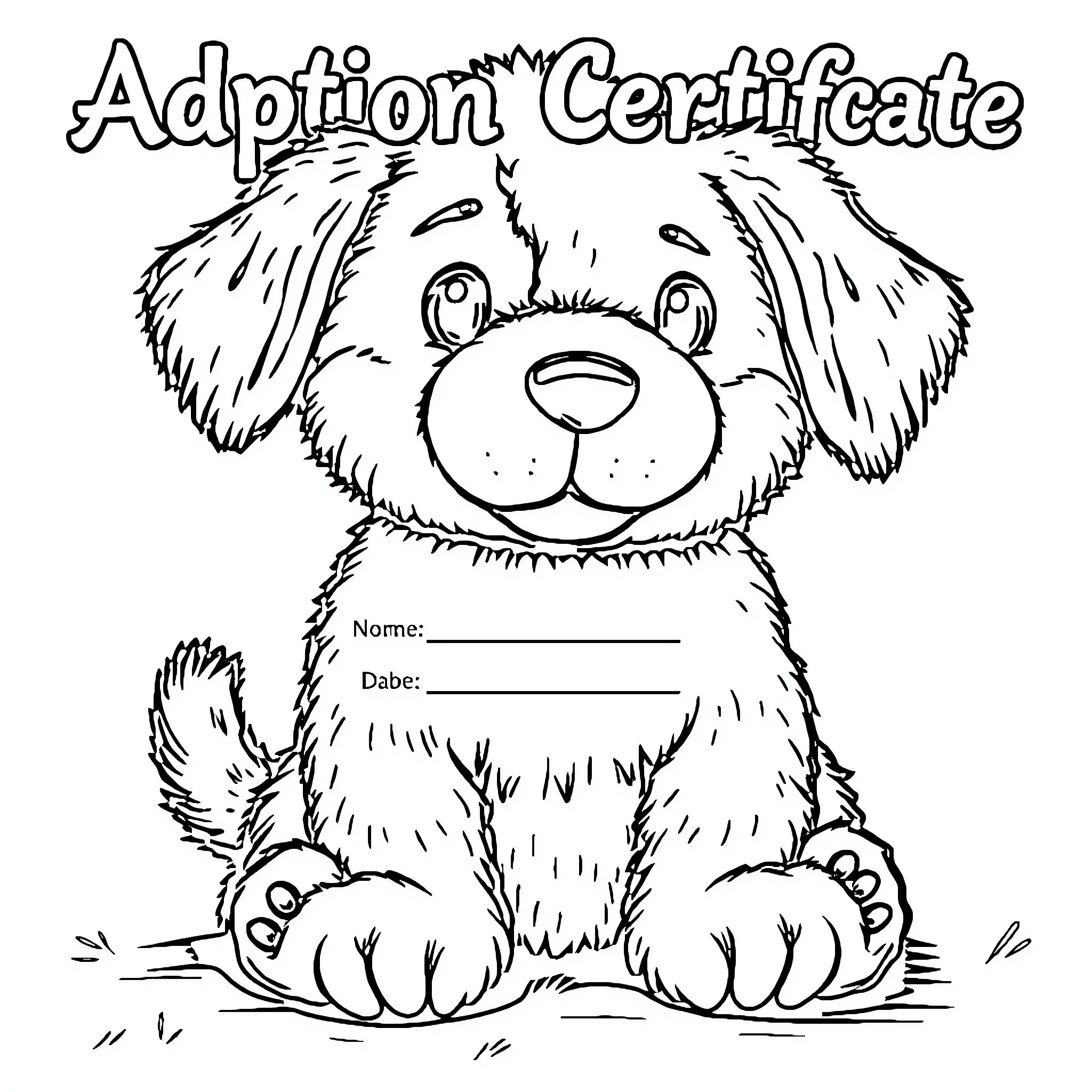 Puppy Adoption Certificate Coloring Page (free black-and-white line drawing printable PDF for all, from beginners to advanced learners, including children, teens, adults, and seniors)