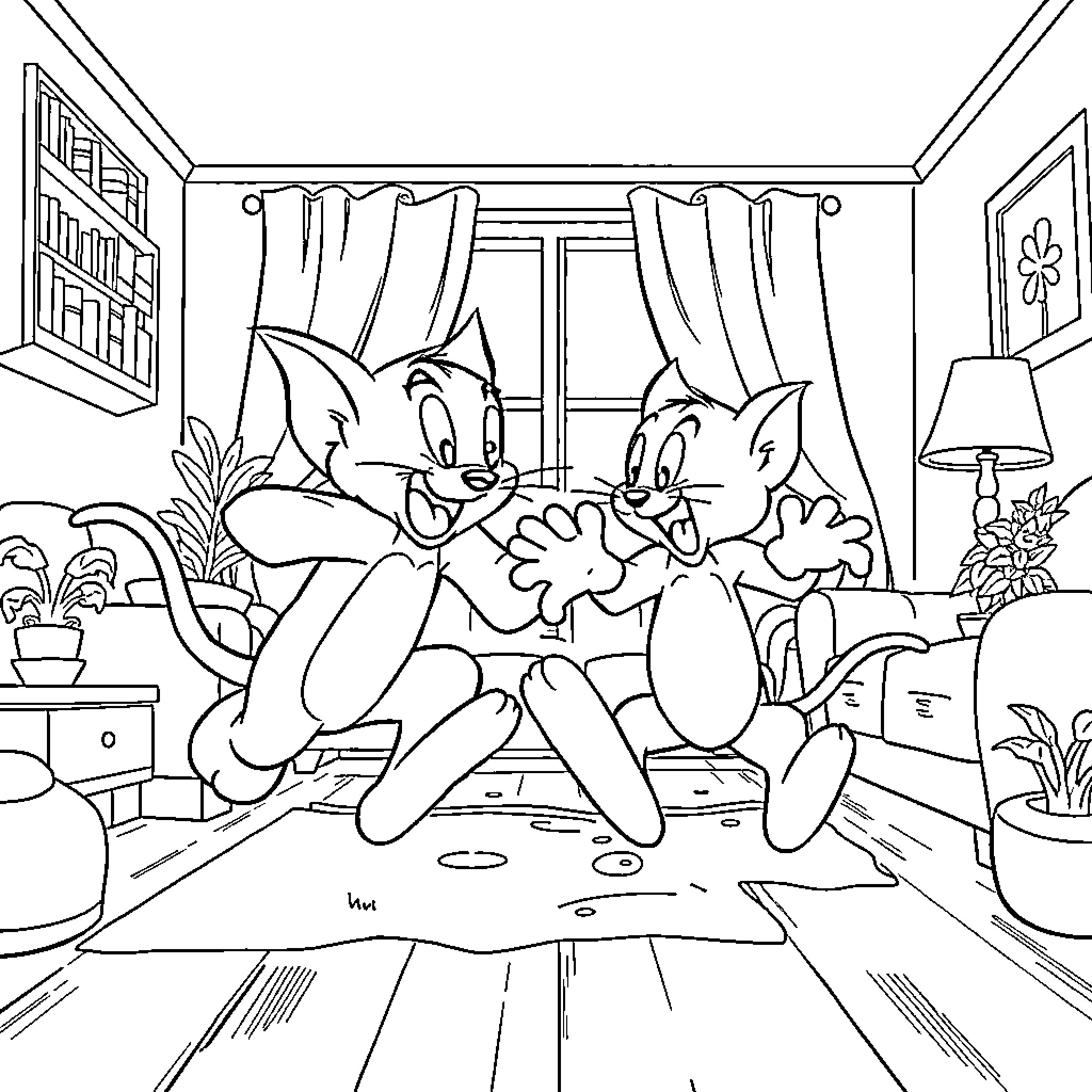 Tom and Jerry playing mischievously in the room Coloring Page (free black-and-white line drawing printable PDF for all, from beginners to advanced learners, including children, teens, adults, and seniors)