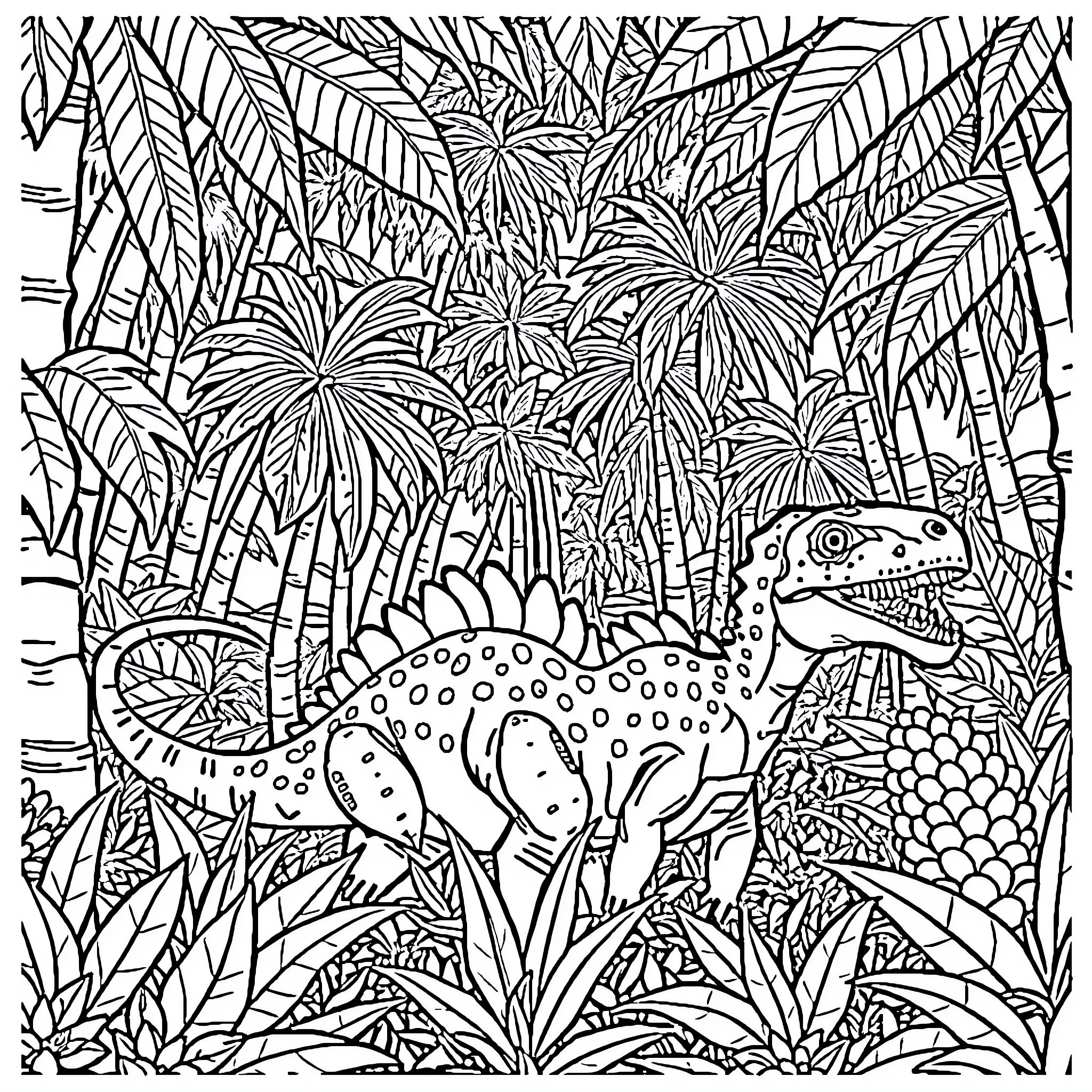 Dinosaur in a dense tropical jungle Coloring Page (free black-and-white line drawing printable PDF for all, from beginners to advanced learners, including children, teens, adults, and seniors)